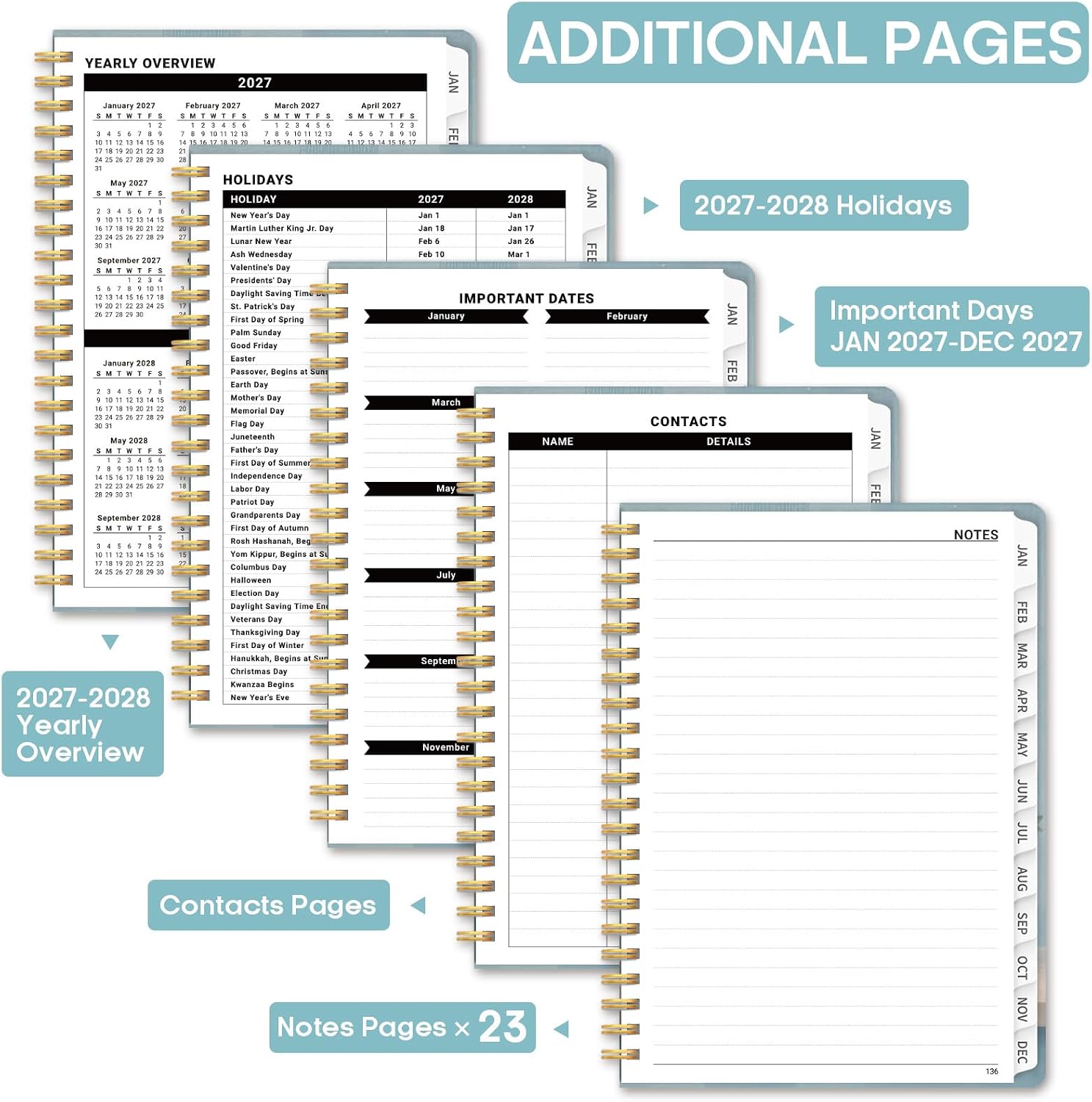 Detalle 2 de JEJEGO 2027 A5 Weekly and Monthly Planner, Hardcover with Spiral Binding