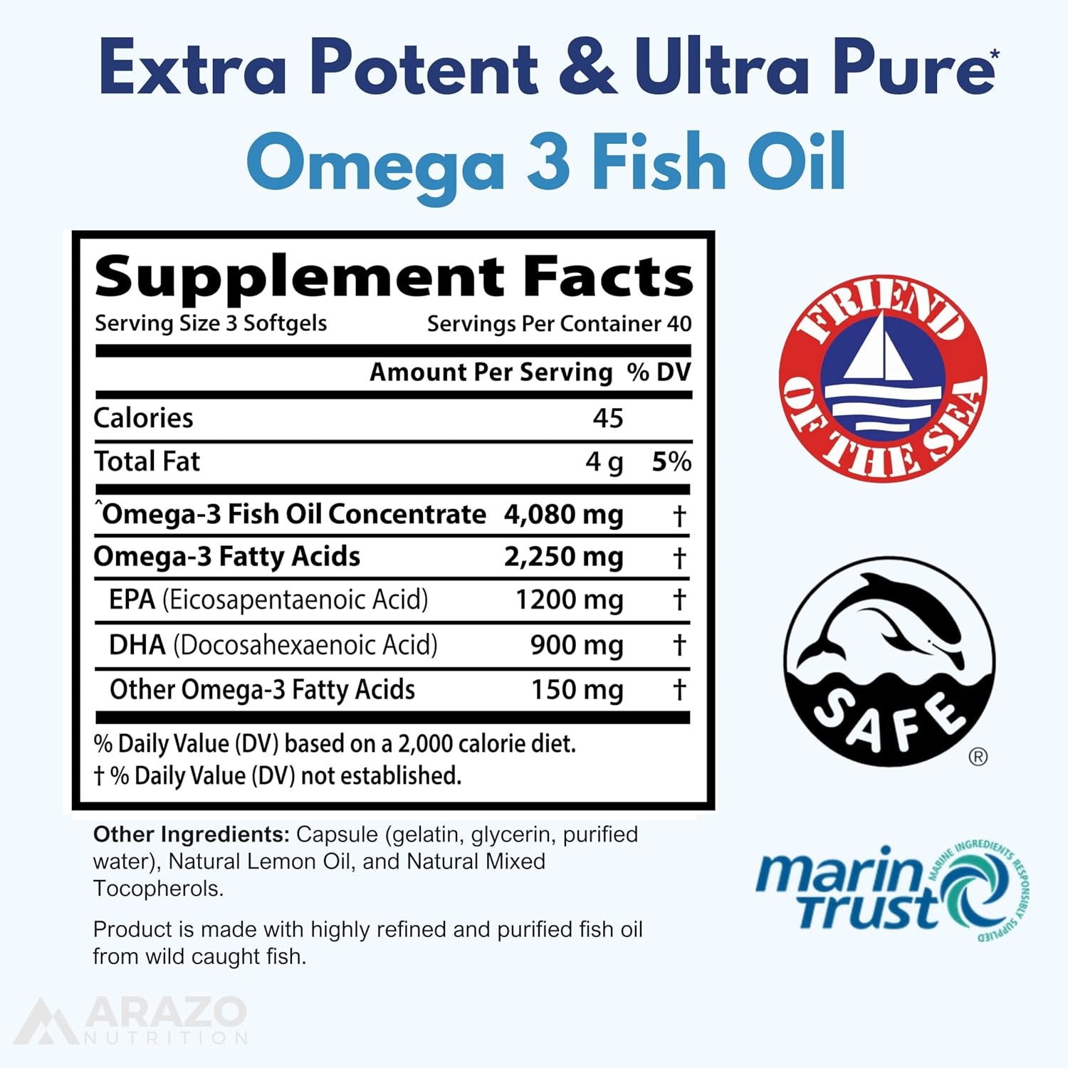 Detalle 2 de Arazo Nutrition BS012 Omega-3 Fish Oil, 4,080 mg, Lemon Softgels