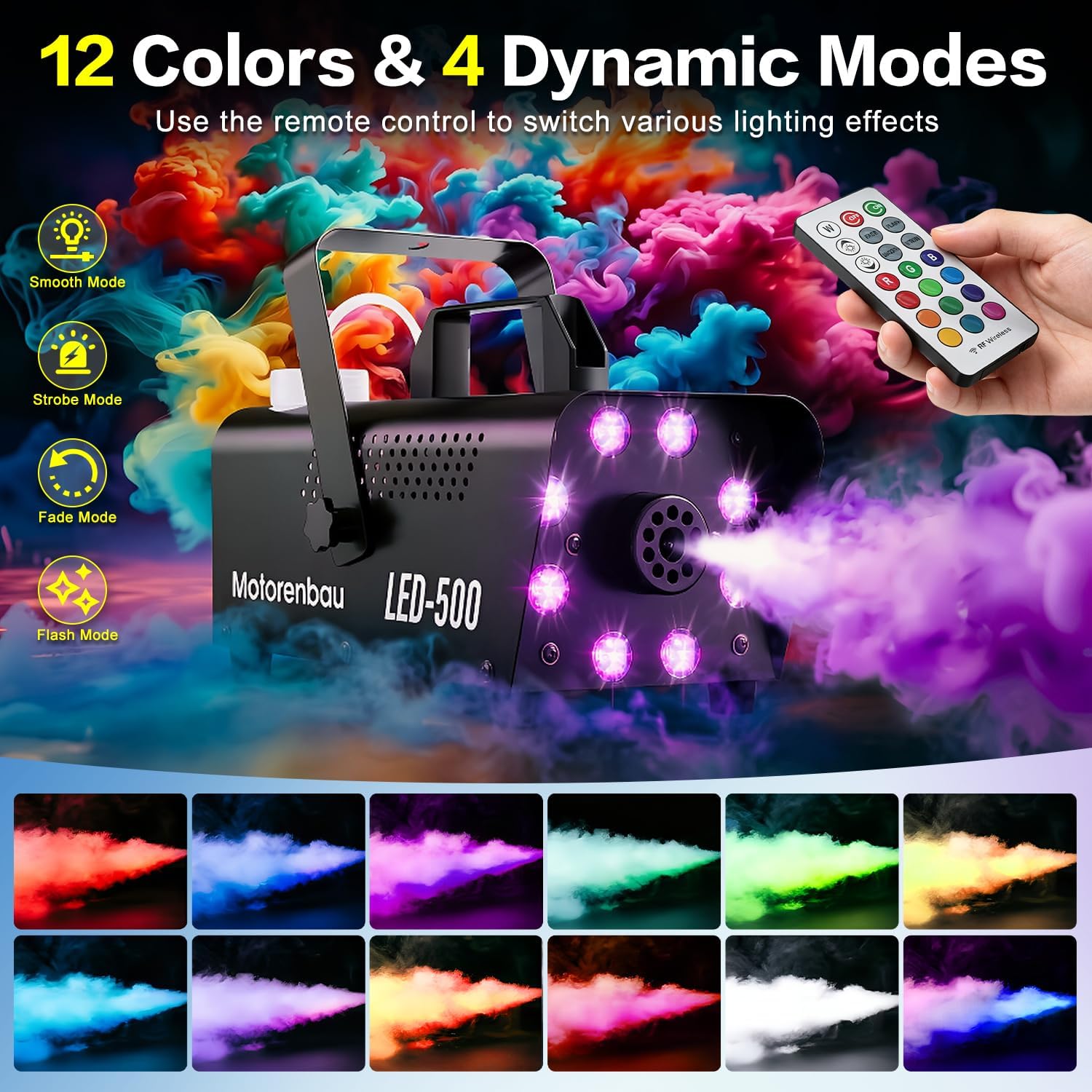 Detalle 2 de Mistmachine met 8 RGB-leds, 13 lichtkleuren, 500 W en afstandsbediening