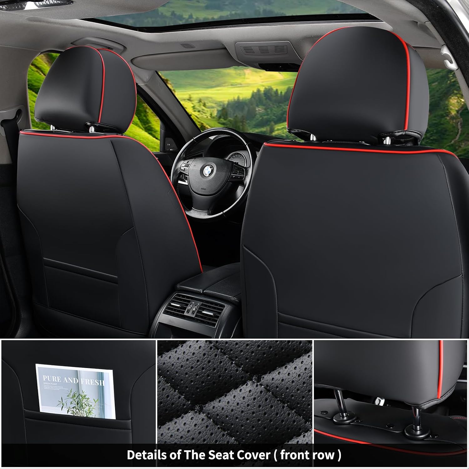 Detalle 2 de Coverado Coverado Seat Covers Full Set (Waterproof Nappa Leather), Universal 5-Seat Car Protectors for Most Cars—Black & Red