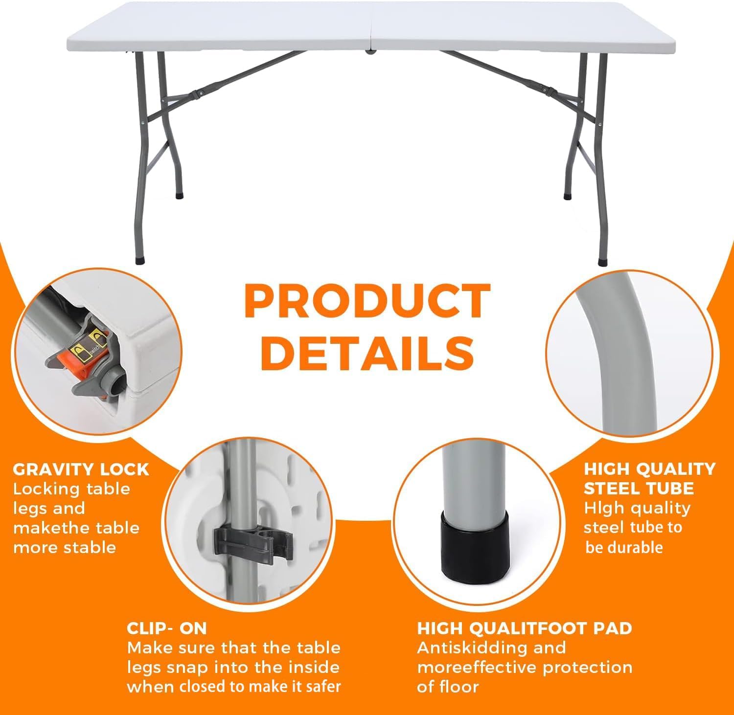 Detalle 2 de Lakhow 180CZ 6 ft Folding Table, White HDPE Top with Steel Legs