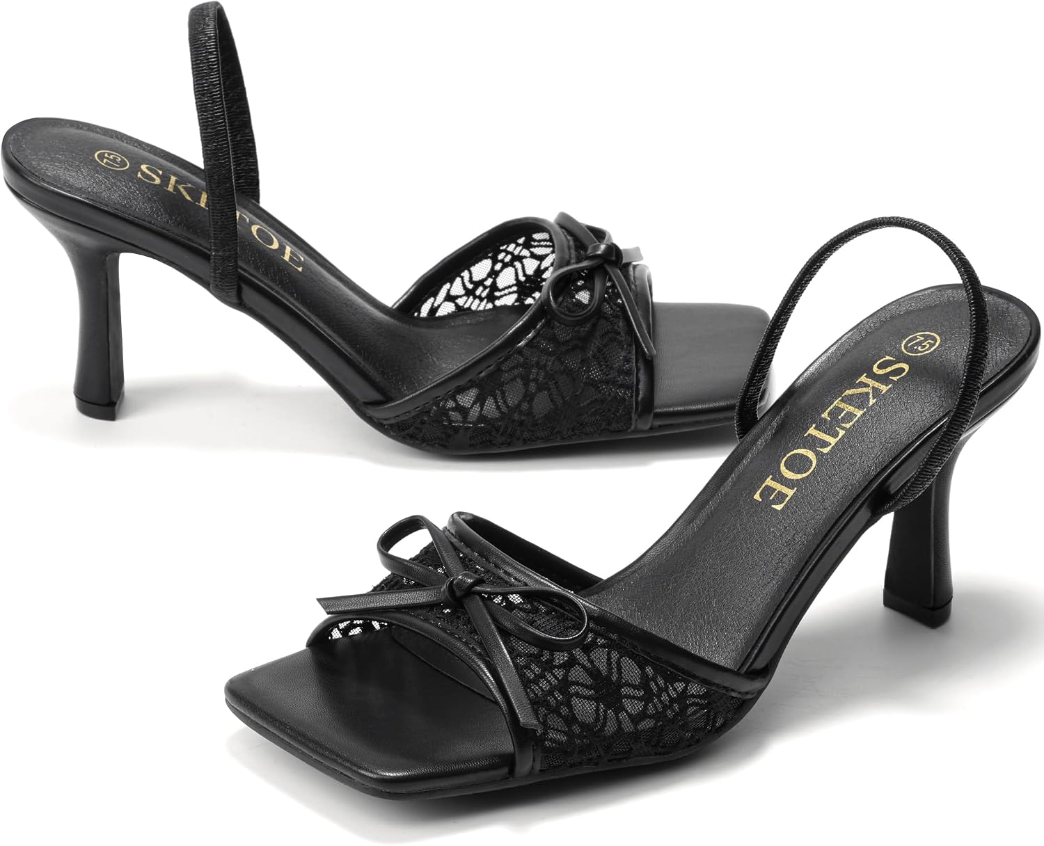 Detalle de SKETOE Bow Kitten Heels for Women: Square-Toe Mesh Sandals with Bow Accent