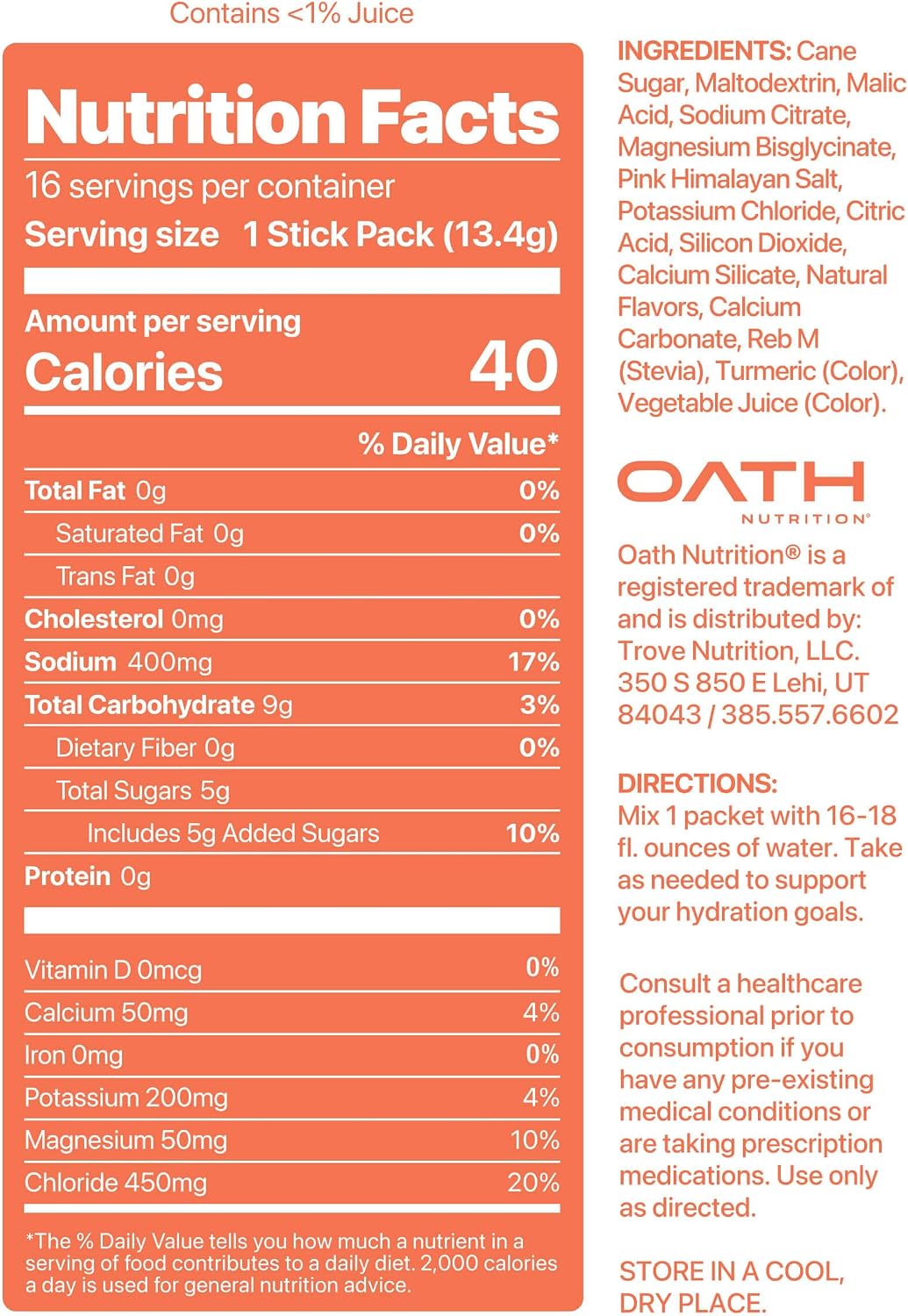 Detalle de Oath Nutrition Hydration Powder, 16 Packets