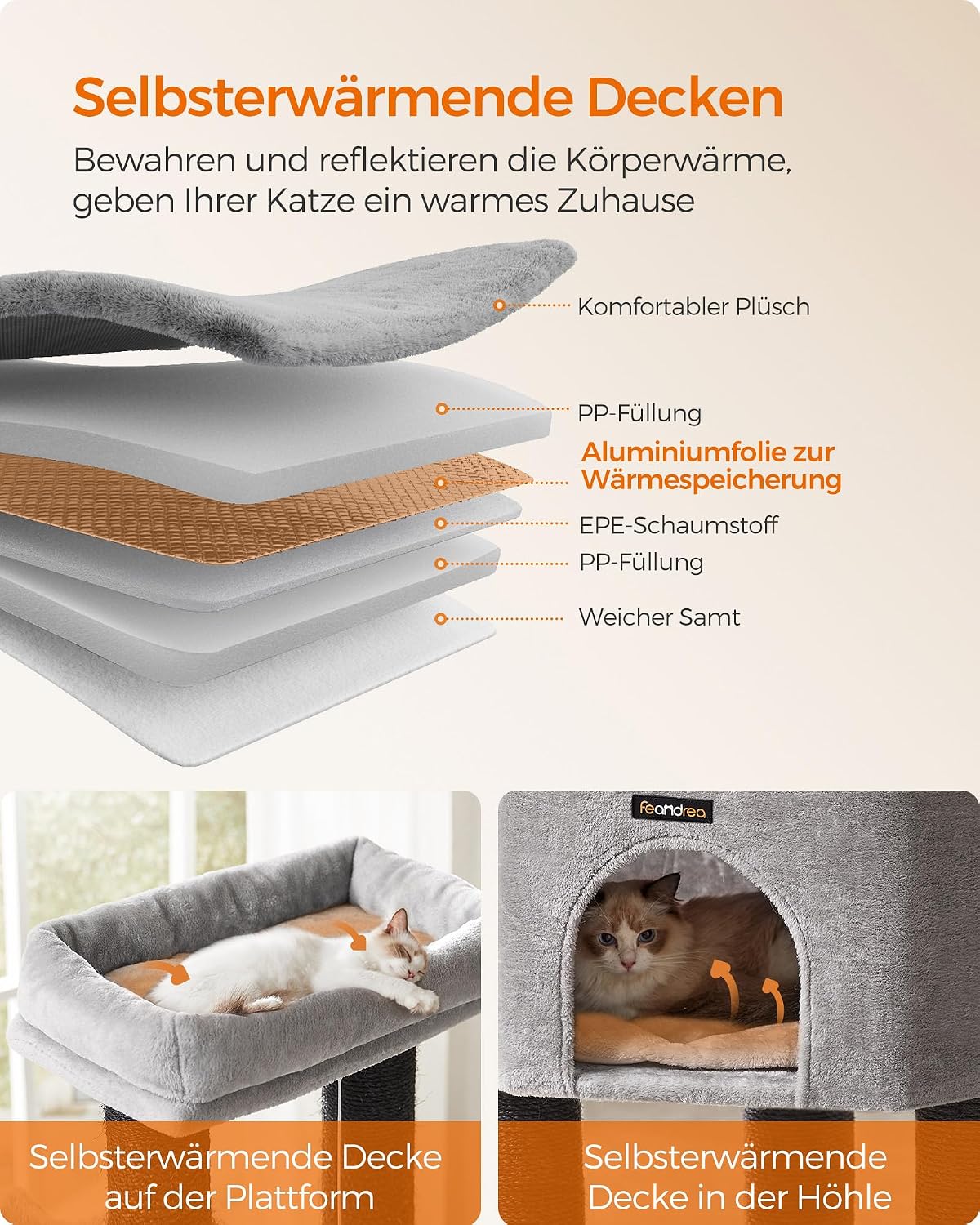 Detalle de Feandrea Kratzbaum mit warmen Decken, 9 Kratzsäulen und 2 Katzenbürsten (PCT003W01) – 50 x 50 x 160 cm