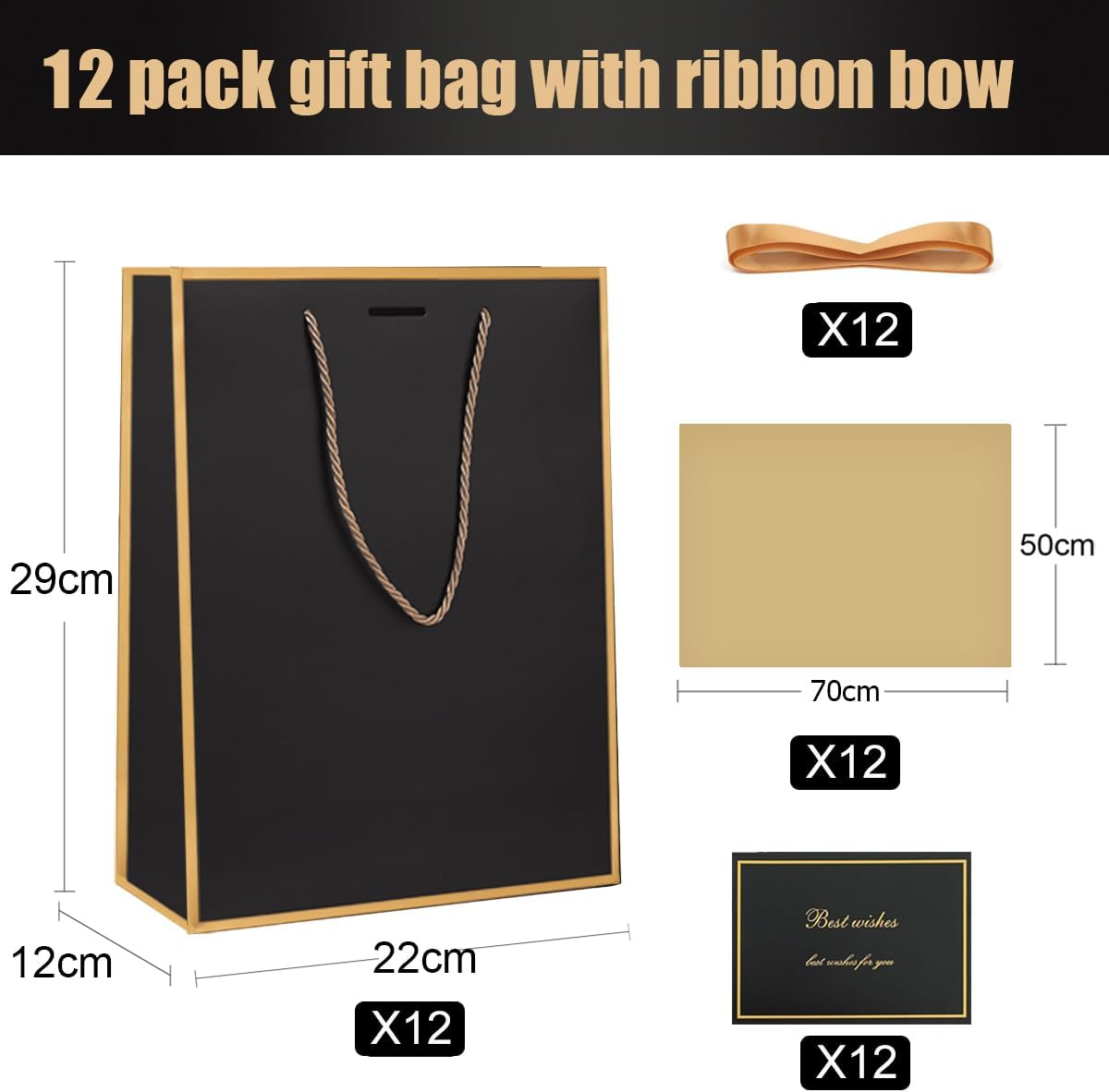 Detalle de Gift Bags for Presents, 12 Pack Medium Paper Bags with Bow Ribbon and Tissue Paper – Black