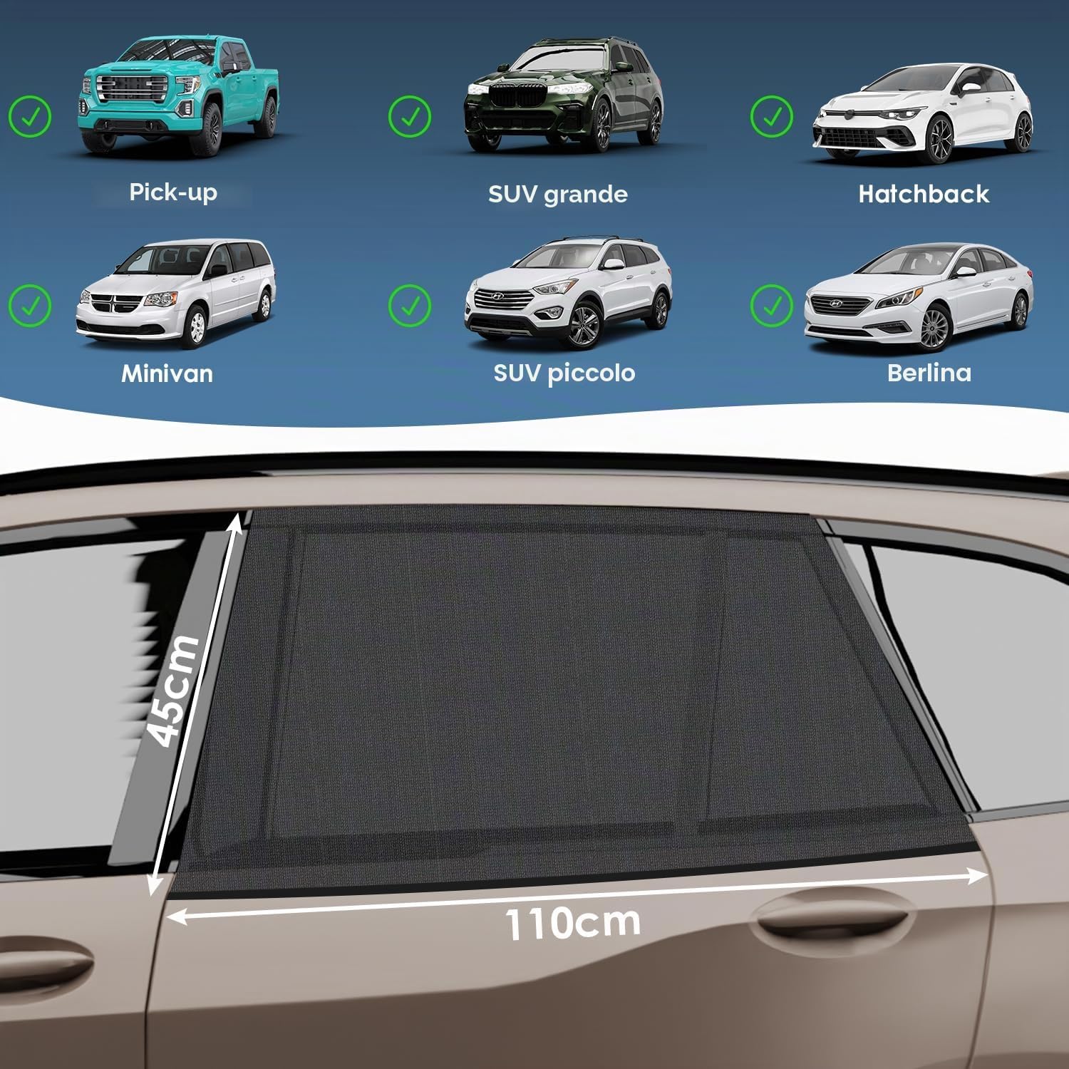 Thumbnail 1 de Asstikoo Parasole per auto – protezione UV estensibile 55×115 cm (2 pezzi) per finestrini posteriori