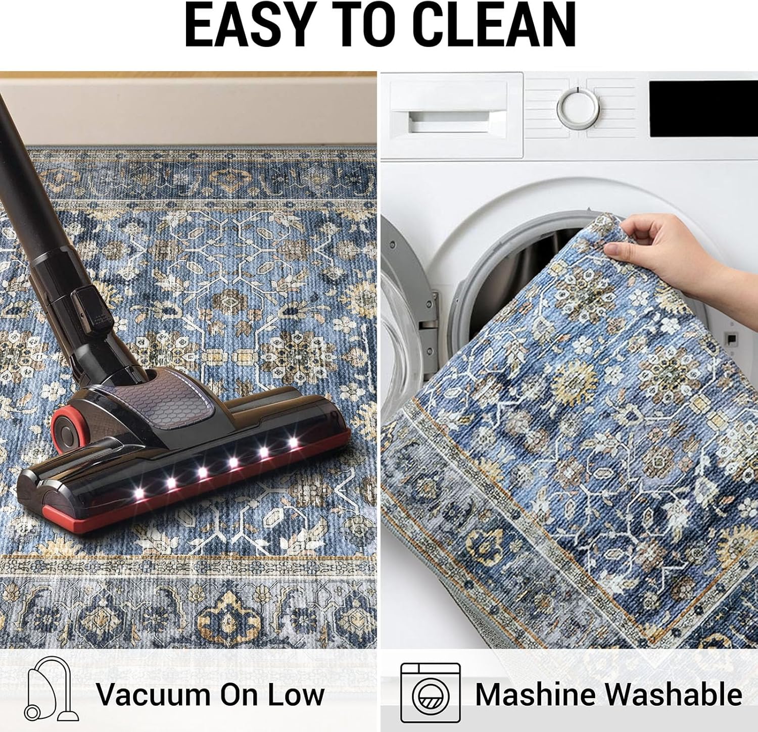 Thumbnail 4 de KUTA Vintage 2x3 Entryway Rug with Floral Print, Blue-Grey-Beige, Non-Slip, Washable