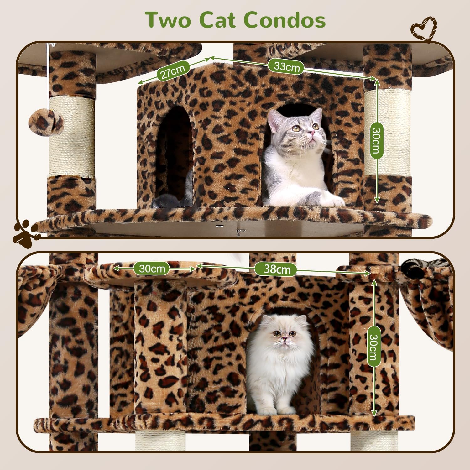 Thumbnail 3 de Globlazer Kratzbaum Leoparden Stabil 174 cm mit 3 gepolsterten Sitzstangen, 2 Katzenhäusern und abnehmbarem Haustierbett (F68B)