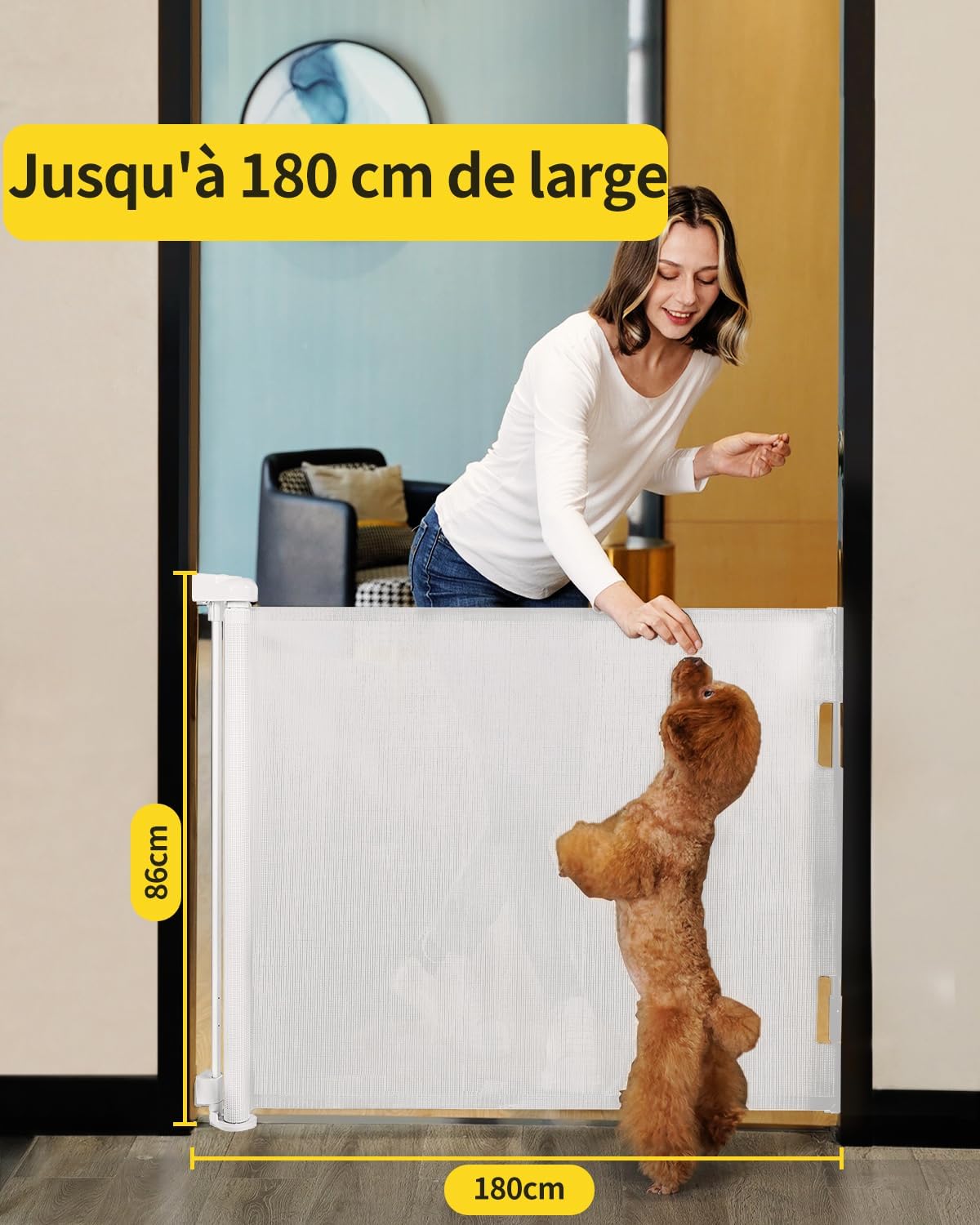 Thumbnail 1 de dearlomum Barrière de sécurité rétractable extensible 0–180 cm pour bébé et chiens (blanc)