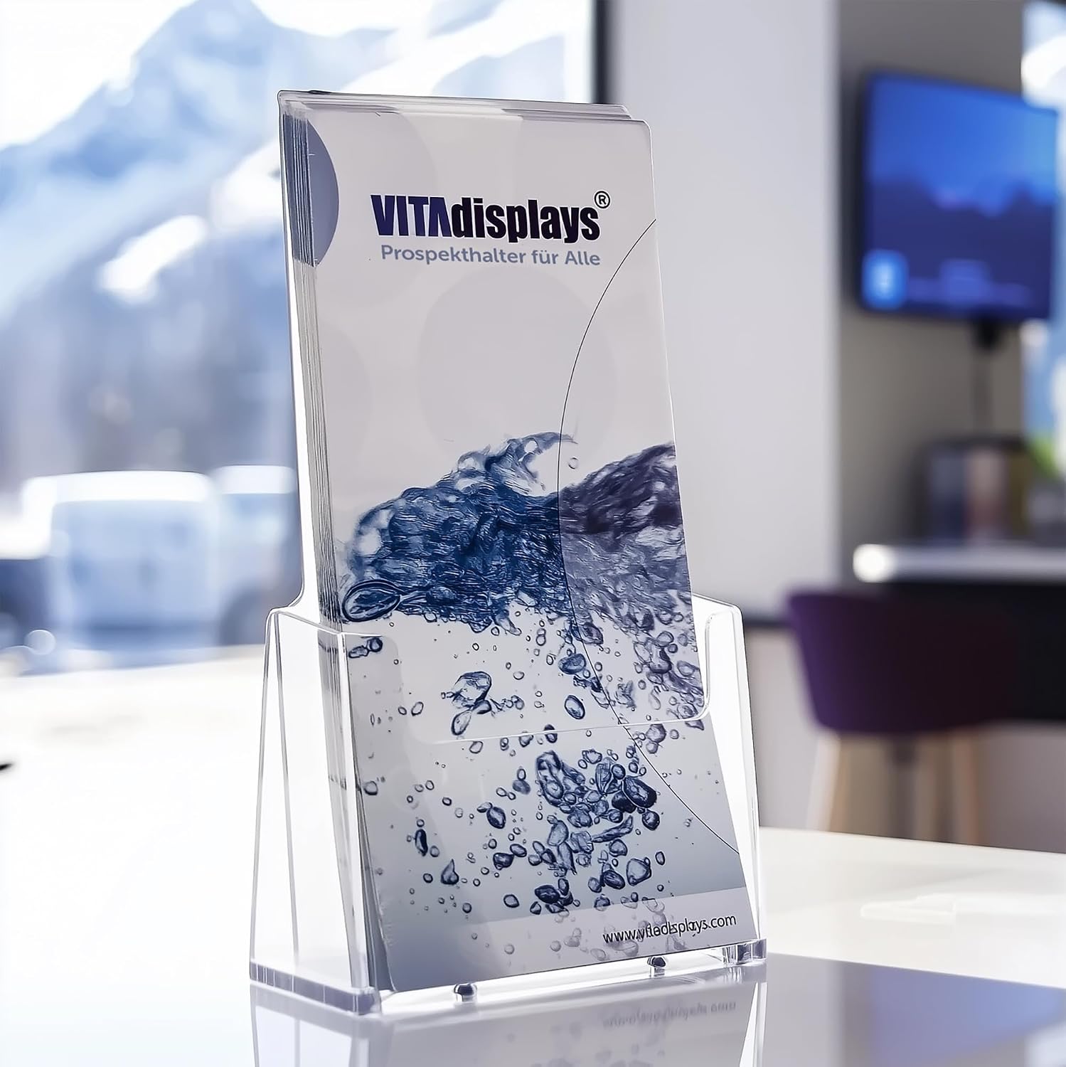 Detalle de VITAdisplays 2 porte-brochures DIN Lang (DL) en polystyrène transparent