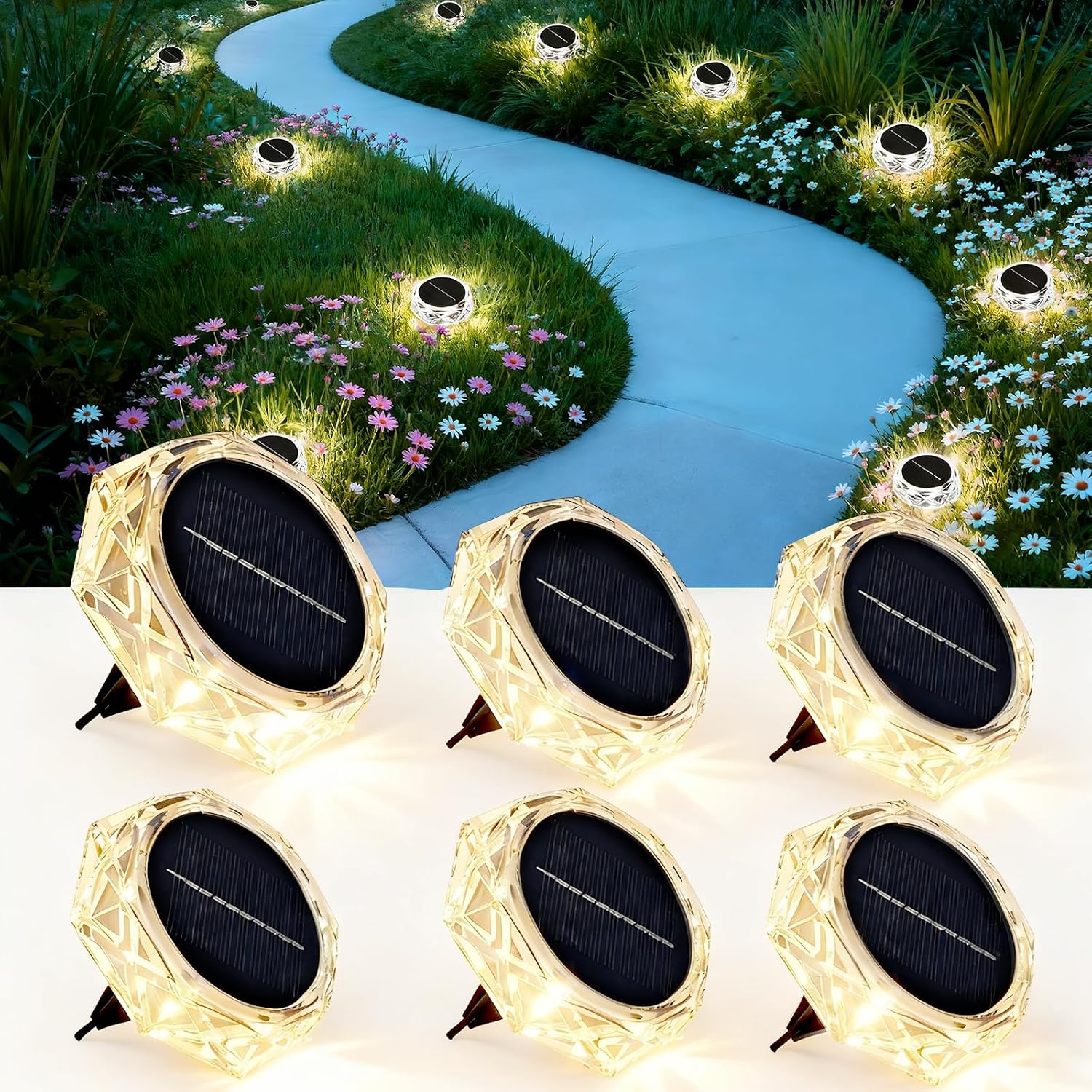 Detalle de Hqynss DMD-1-Warm solar tuinlampen, set van 6, 8 leds, warmwit, IP65