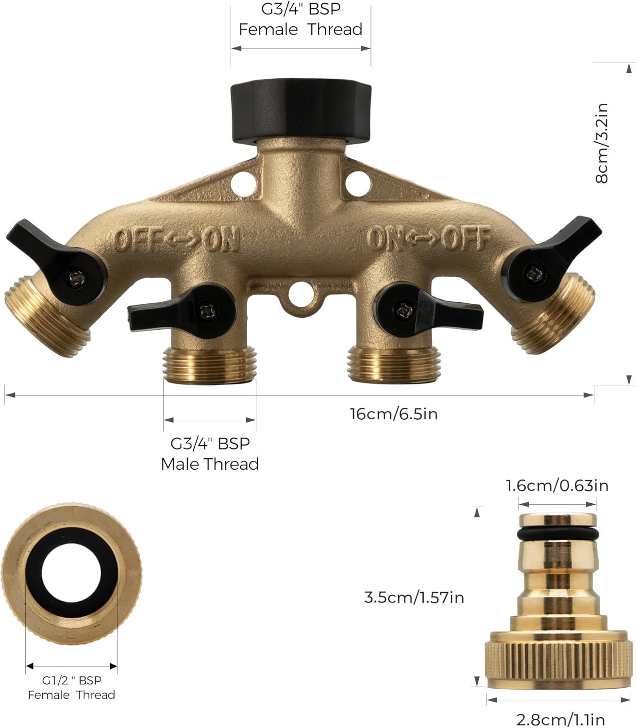 Thumbnail 1 de VANCOCO 4-Wege Wasserverteiler 3/4 Zoll Messing mit Schnellkupplung – 1/2 Zoll Adapter, Hochdruck-Verteiler für Bewässerungssysteme