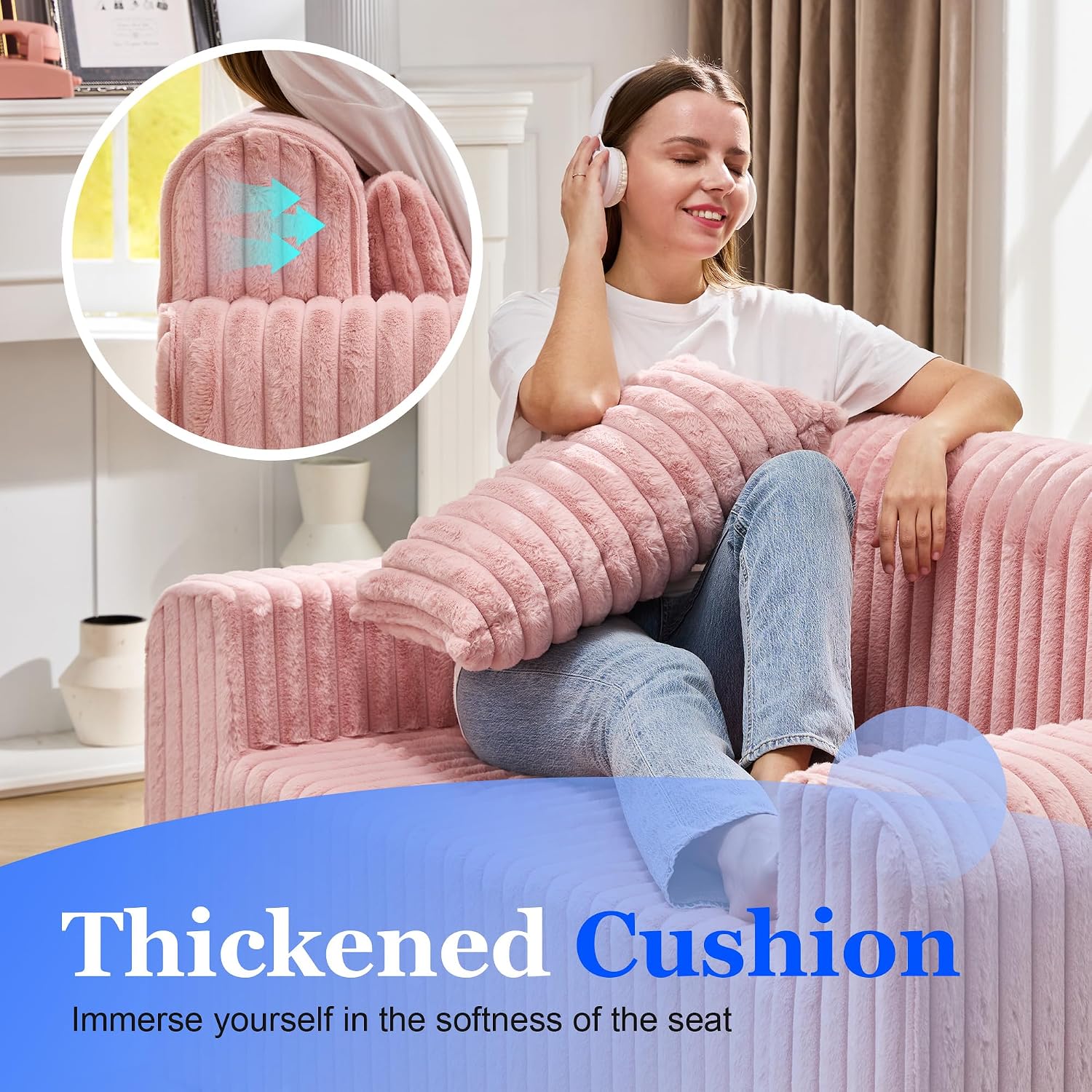 Detalle de Hobestluk NEW038-PINK-CA Foam Loveseat with Faux-Fur Fabric and 2 Pillows