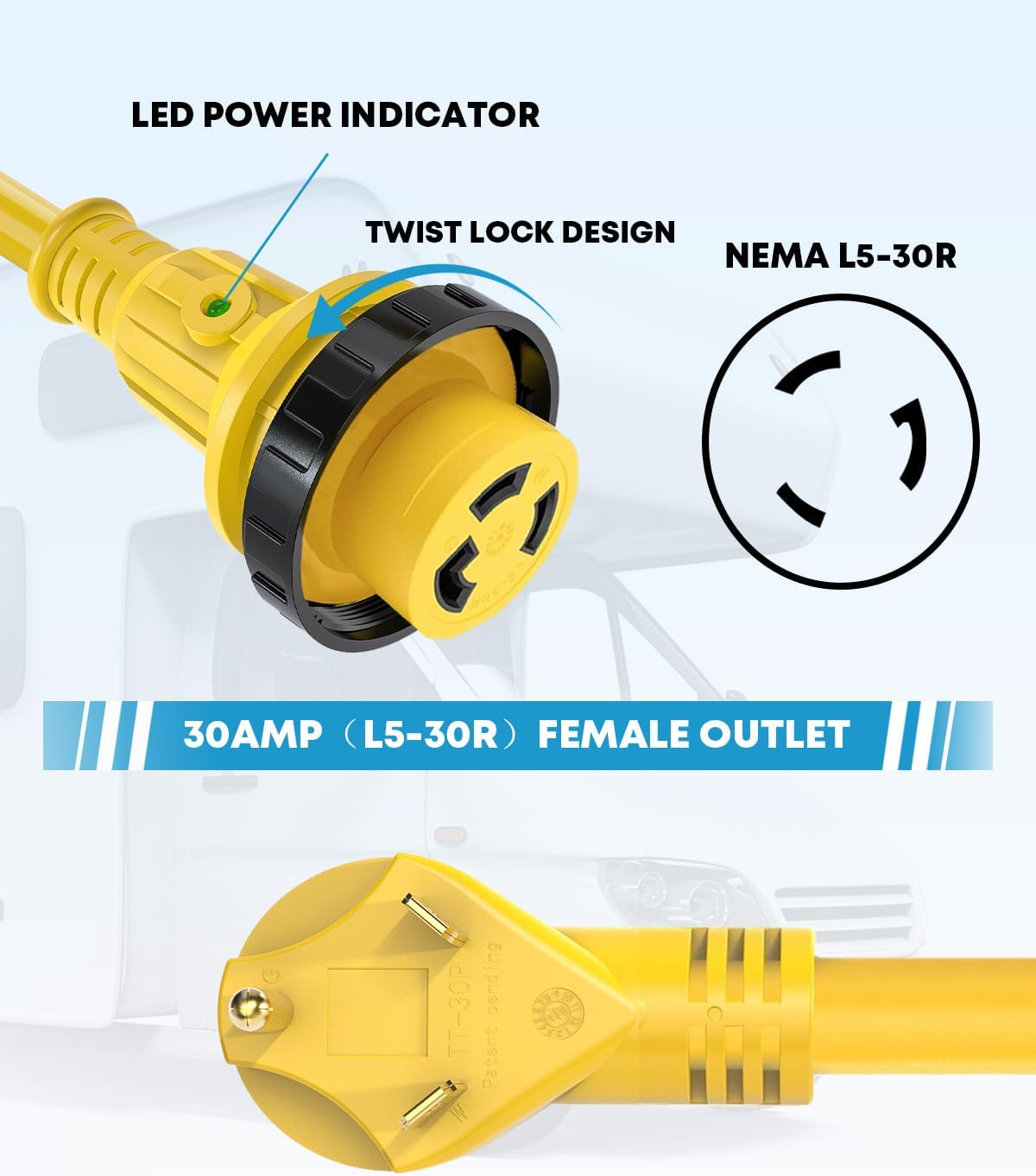 Thumbnail 1 de Kohree 25' 30 Amp RV Power Extension Cord with Twist Lock Adapter (ETL Listed) — LED Indicator & Grip Handle