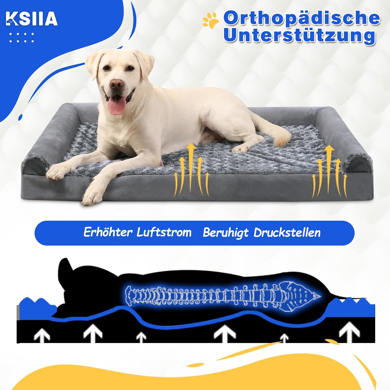 Thumbnail 1 de KSIIA Orthopädisches Hundebett Mittelgroße Hunde, 91x68x16 cm – Grau, mit drei erhöhten Rändern, abnehmbarer Bezug und rutschfeste Unterseite