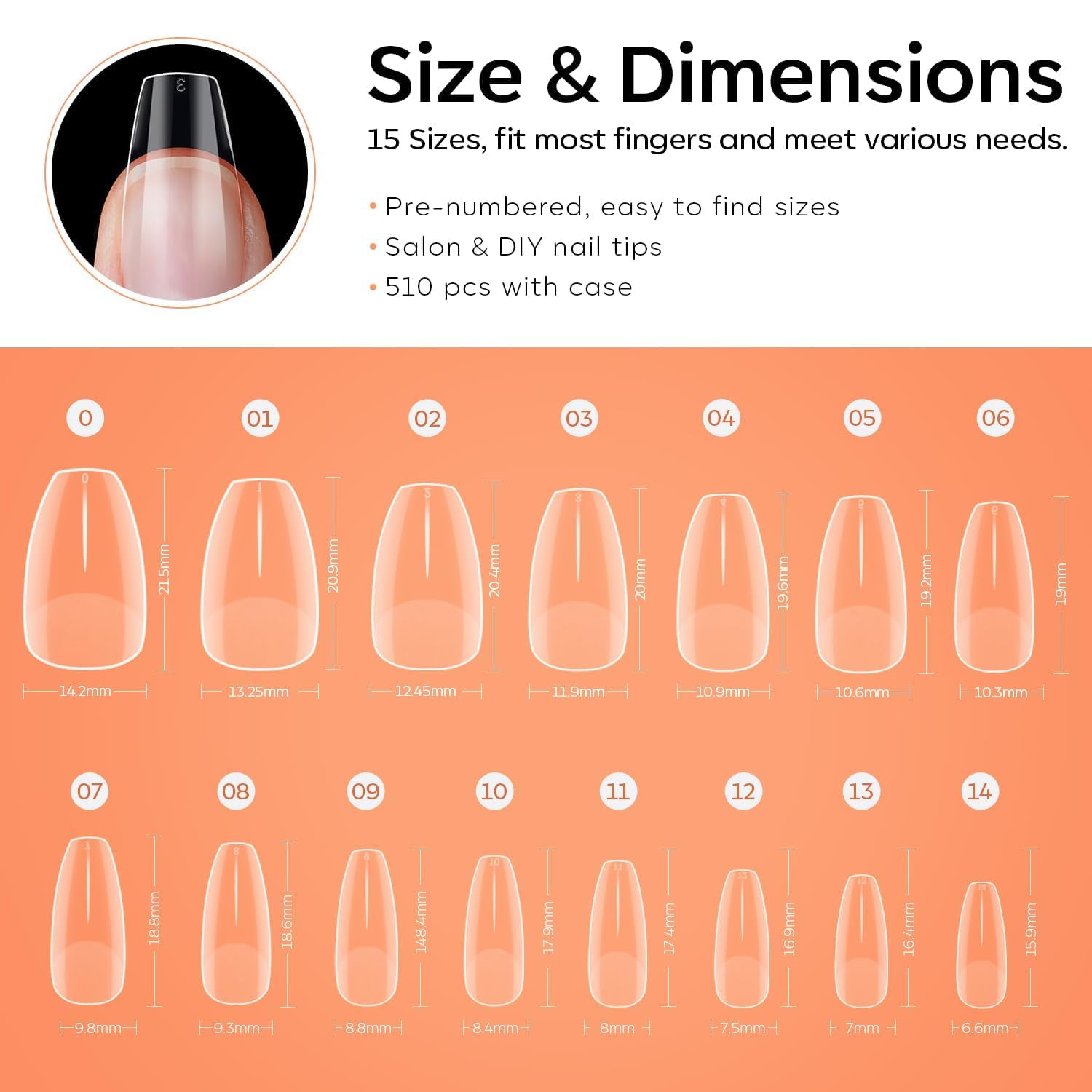Detalle de Modelones Nageltips 510 Stück – Full Cover Nagel Tips Set, Short Coffin Form, PMMA Harz