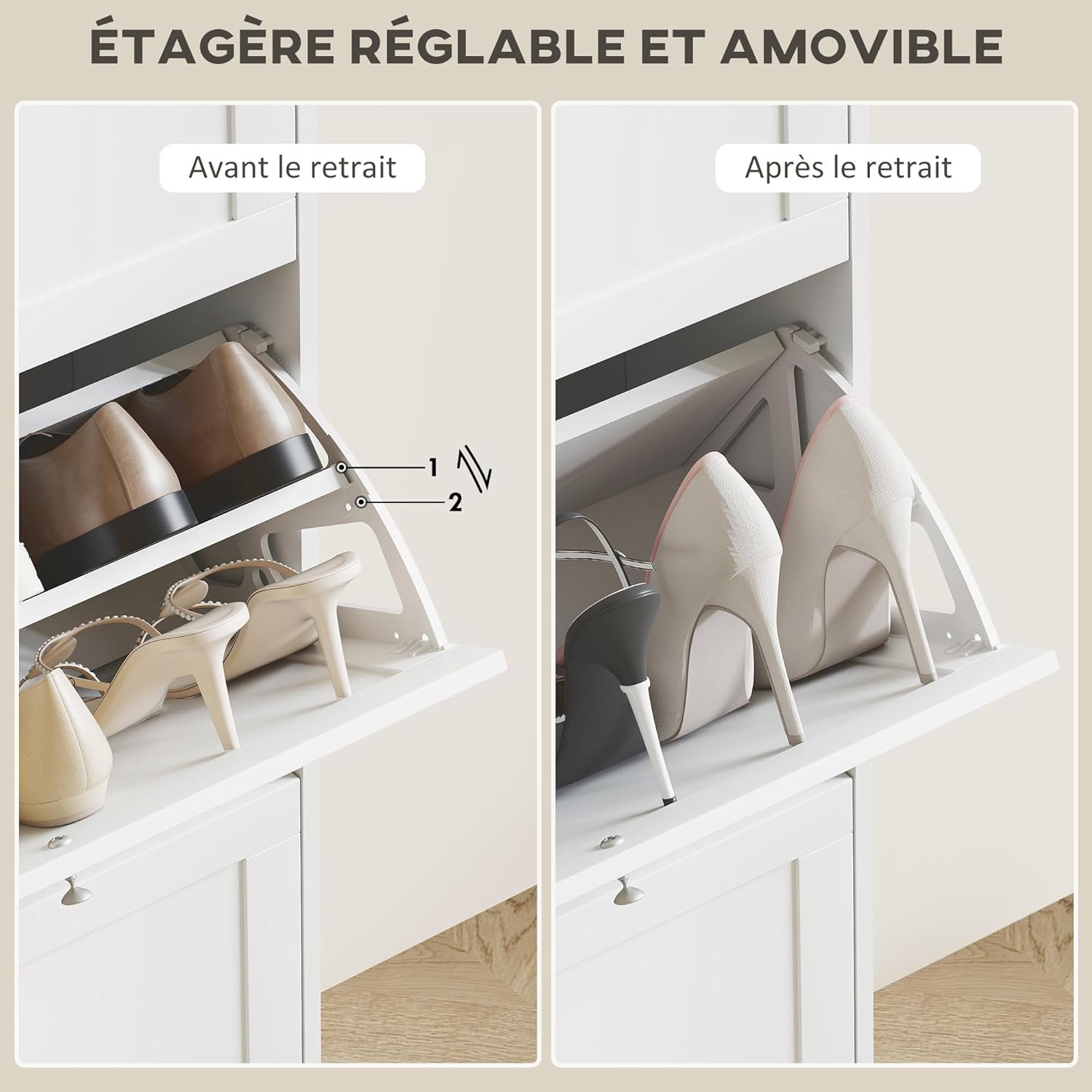 Thumbnail 4 de HOMCOM Meuble à Chaussures 18 Paires – Armoire étroite, 3 tiroirs rabattables et étagères réglables, 60 × 23,5 × 115 cm, Blanc