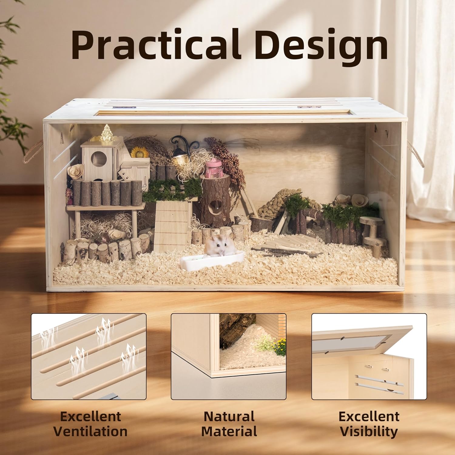 Detalle de Hamster Cage Chewproof: 80cm Wooden Cage for Small Animals with Openable Top and Easy View Acrylic Panels