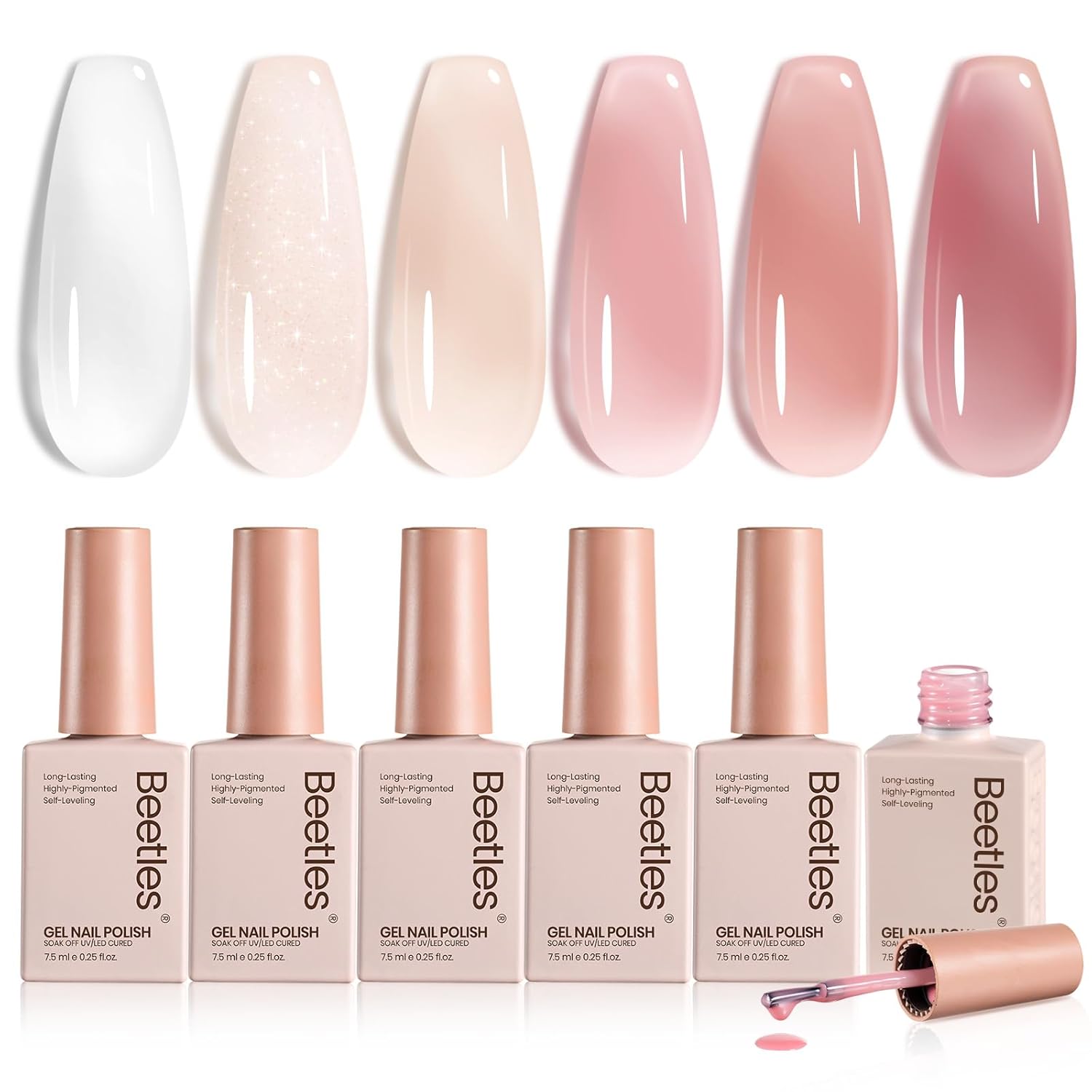 Detalle de Beetles Gel Nagellack-Set Jelly Gel – 6 milchig-weiße bis Nude-Pink Töne, 7,5 ml pro Flasche