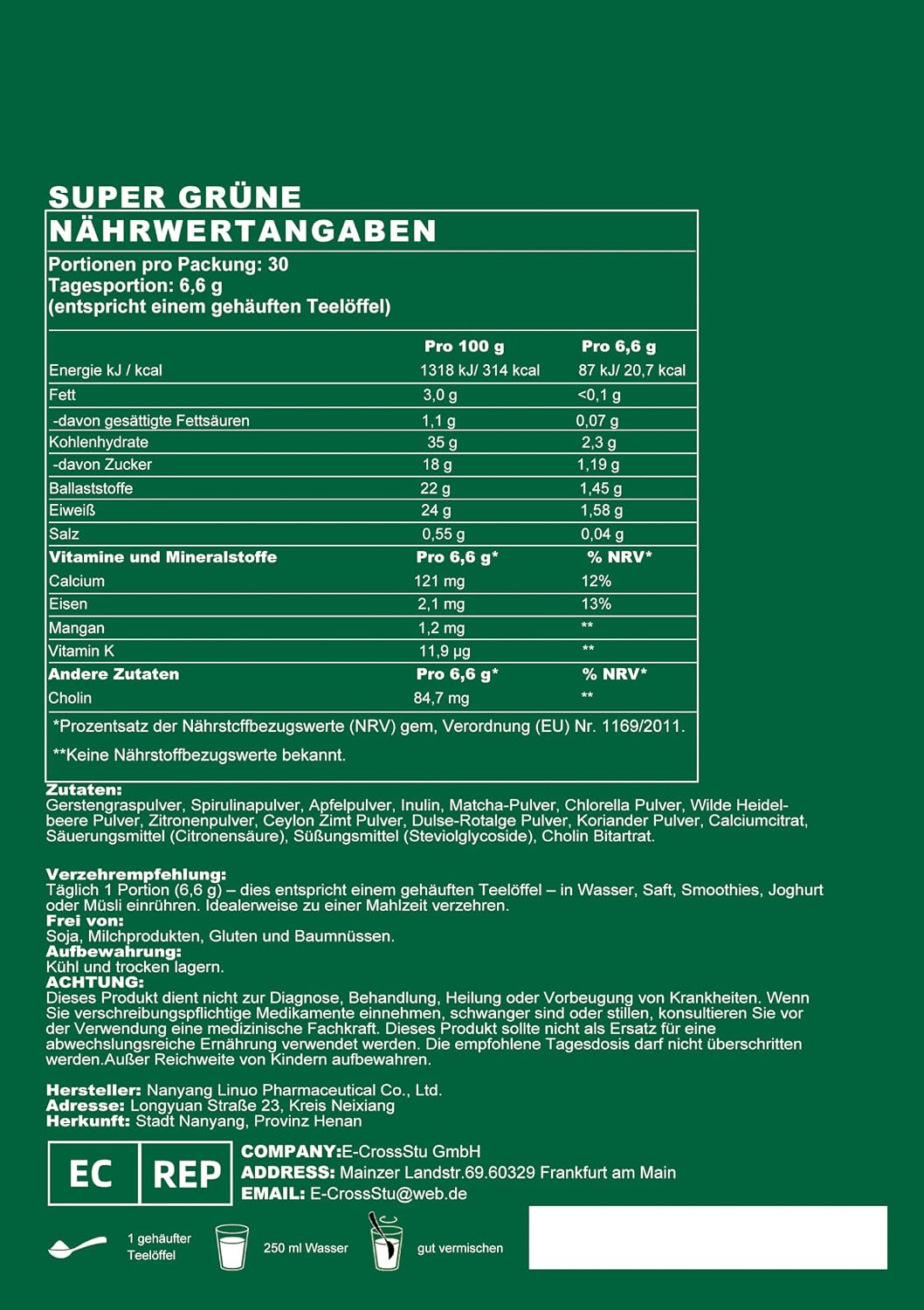 Detalle 2 de Grüne Entgiftungspulver 200 g – Superfood Helfer mit Matcha, Gerstengras und Beeren