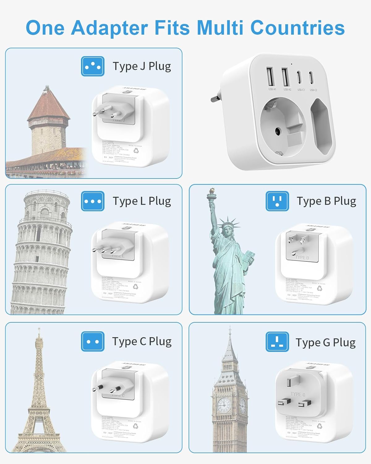 Thumbnail 1 de Reiseadapter Weltweit 6-in-1 Reiseadapter mit USB-C & USB-A (5 Stecker, 5 Länder-Steckertypen)