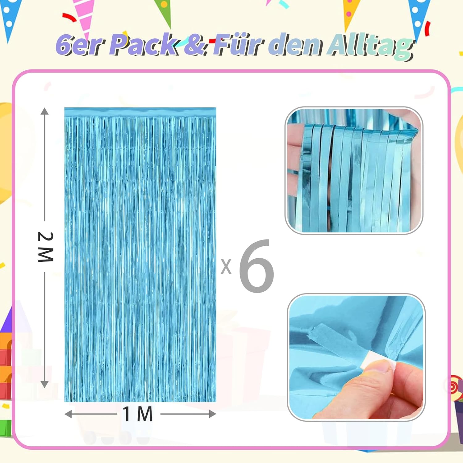 Thumbnail 6 de Auzeron 6 Stück Lametta Vorhang – Metallischer Fransen Hintergrund 1 × 2 m in Metallic Hellblau