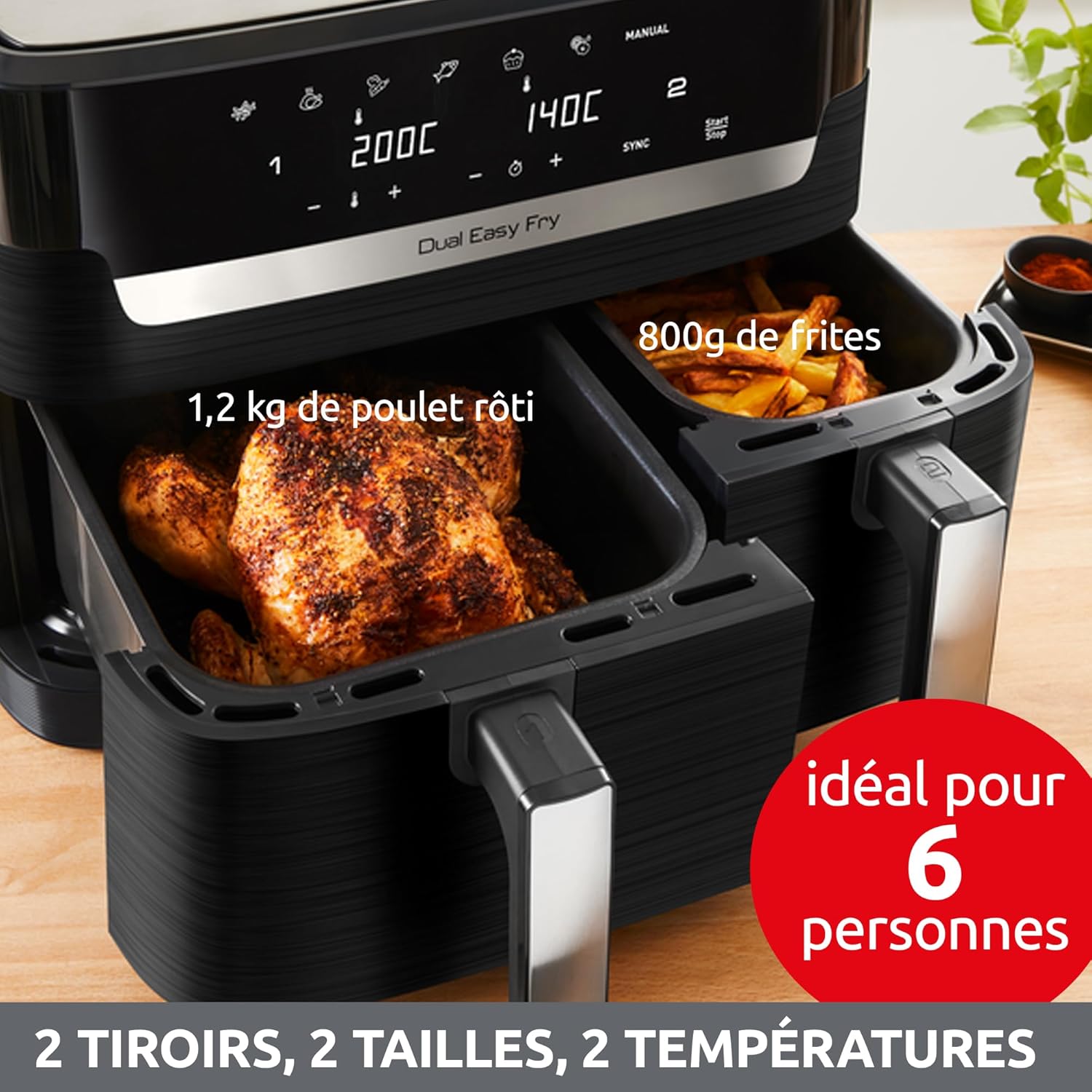 Detalle de Moulinex Easy Fry Essential inox, 8,3 L – Air Fryer double tiroir & 7 programmes intuitifs