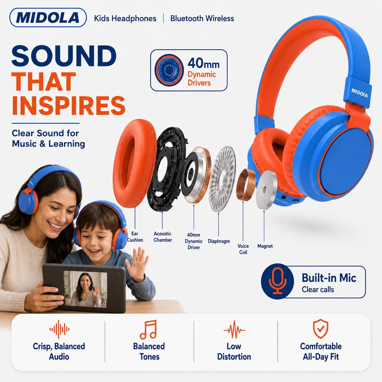 Thumbnail 6 de MIDOLA Kids Wireless Bluetooth Headphones with Safe Volume, 68H Play Time, Over-Ear Foldable Design