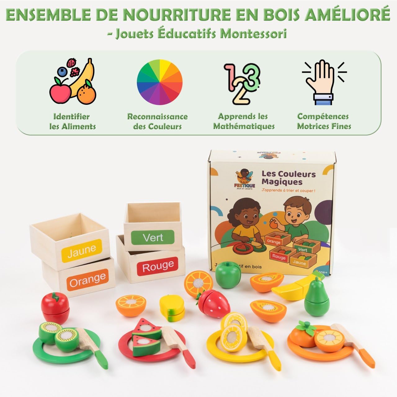 Thumbnail 6 de Feetique Jeu Montessori en bois fruits à découper (2 à 7 ans) – Dinette enfant avec 24 pièces pour apprendre les couleurs