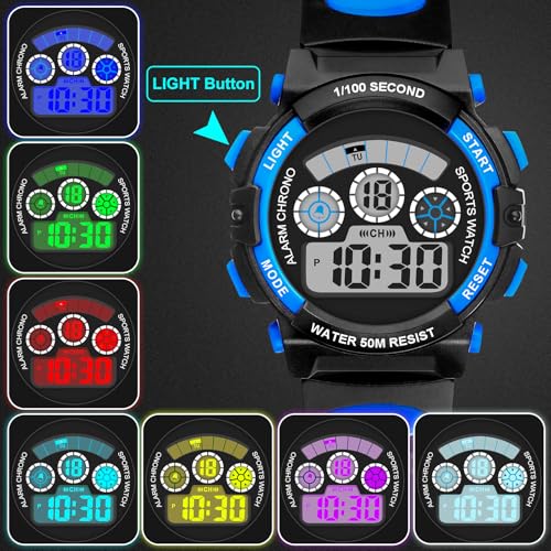 Thumbnail 1 de DTKID Digitale Kinderuhr – 7-Farben-LED, Stoppuhr, Wecker, Datum, 5 ATM wasserdicht