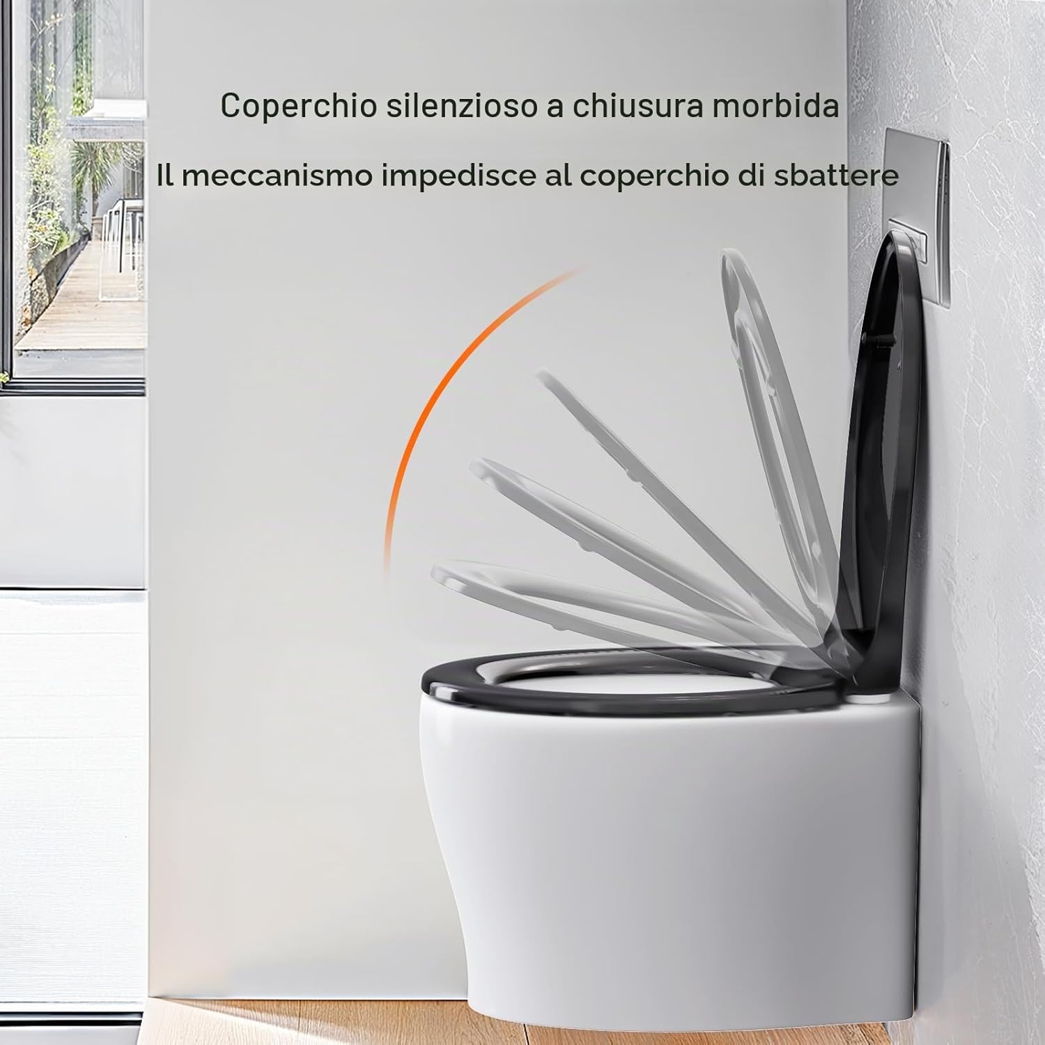 Detalle de Sedile WC Copriwater Universale con Chiusura Ammortizzata in Urea-Formaldeide – Nero
