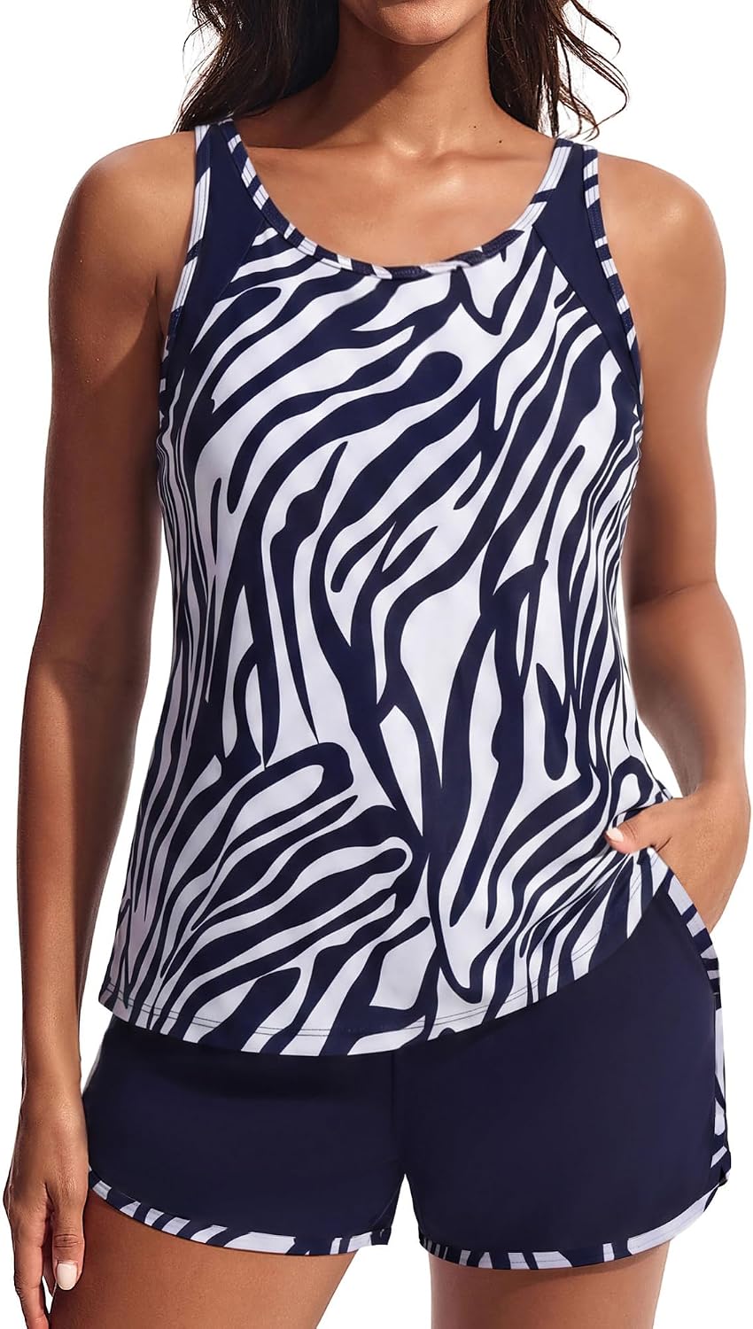Detalle de Hanna Nikole Tankini Damen Set – Bauchweg Zweiteilig mit integriertem BH und High-Waist Badeshorts