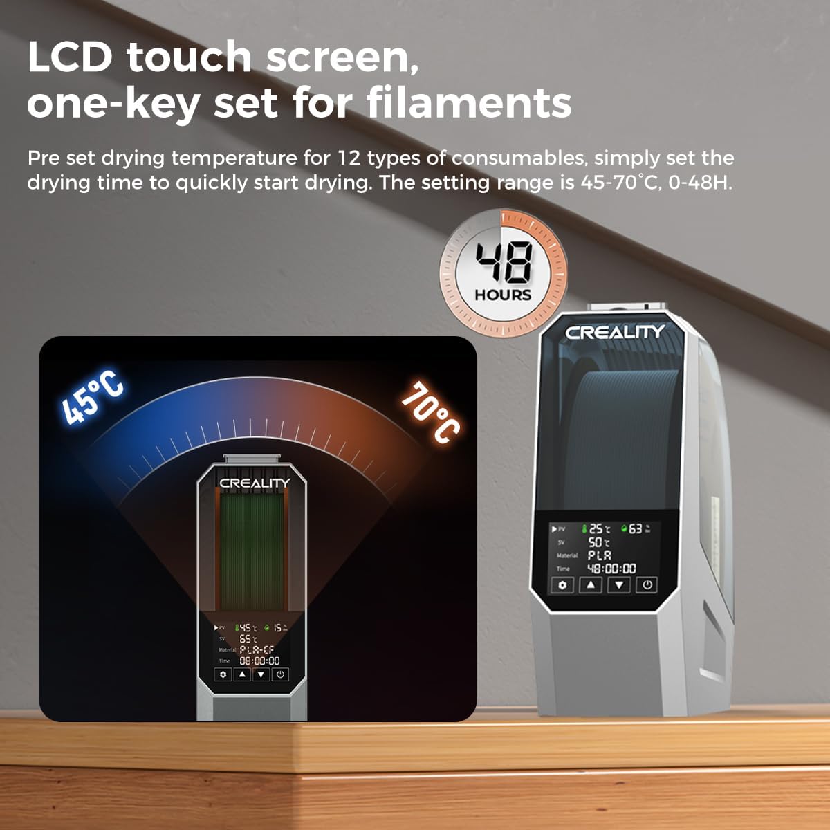 Thumbnail 1 de Creality Official Space PI Filament Dryer for 1kg spools (built-in fan, 110W PTC heater, one-key presets)