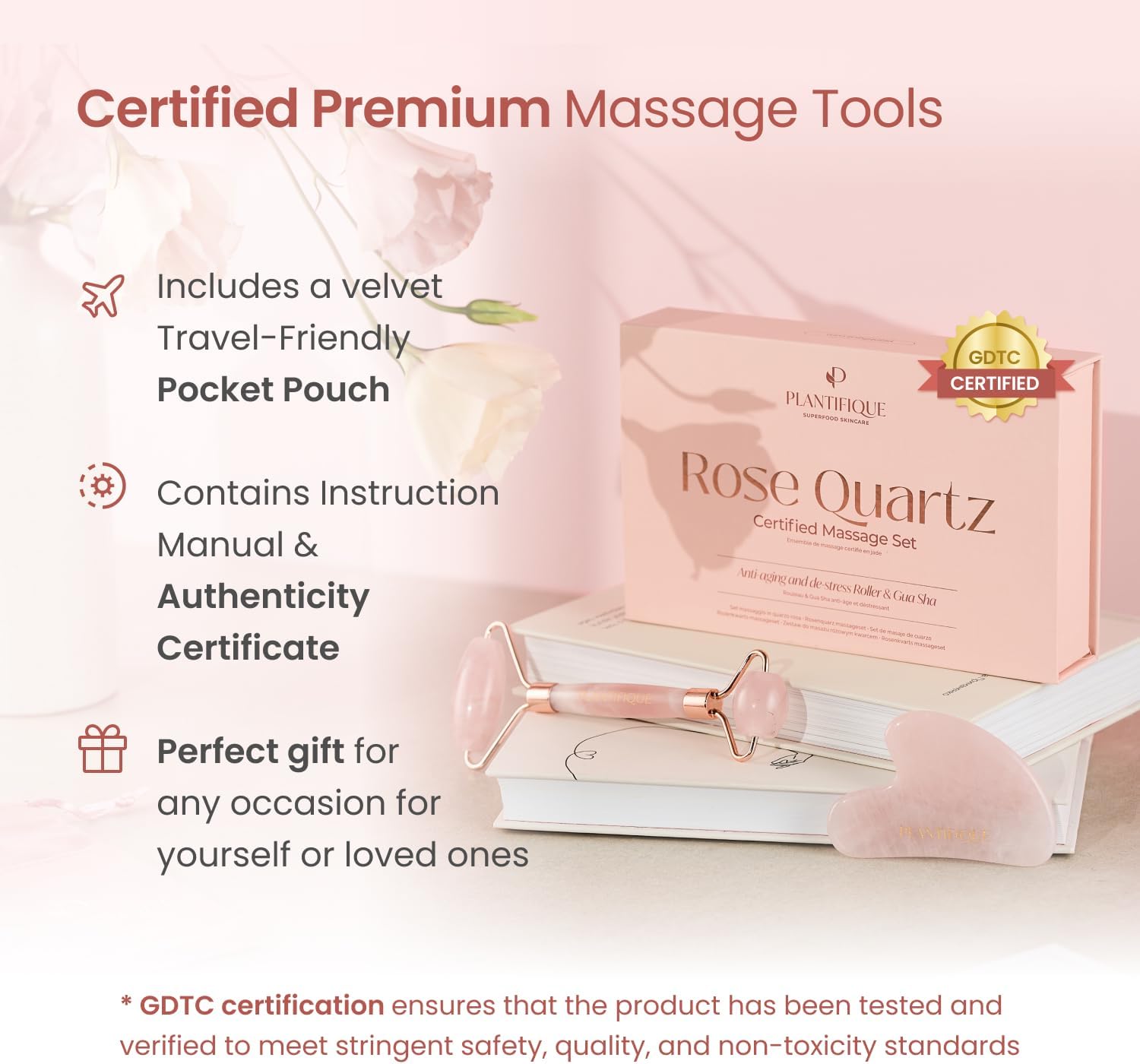 Detalle 2 de Plantifique Rose Quartz Roller & Gua Sha Set – Face Massager & Skincare Tool