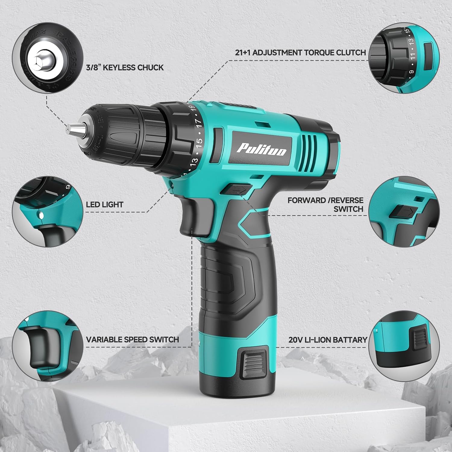 Detalle 2 de PULITUO 149-Piece Home Drill Set with Turquoise 12V Cordless Drill