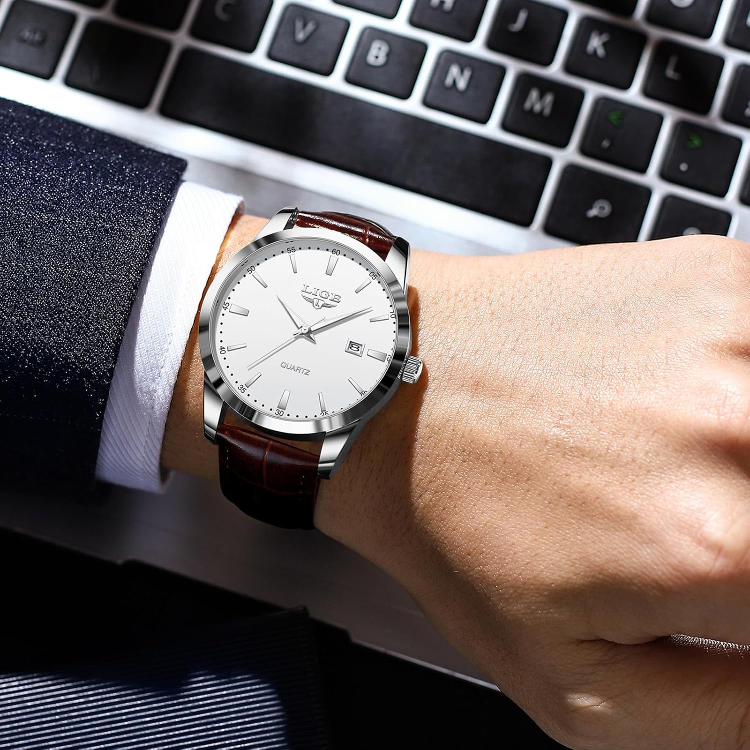 Thumbnail 5 de LIGE Herren Quarzuhr wasserdicht mit Datum, Edelstahlgehäuse und Lederarmband