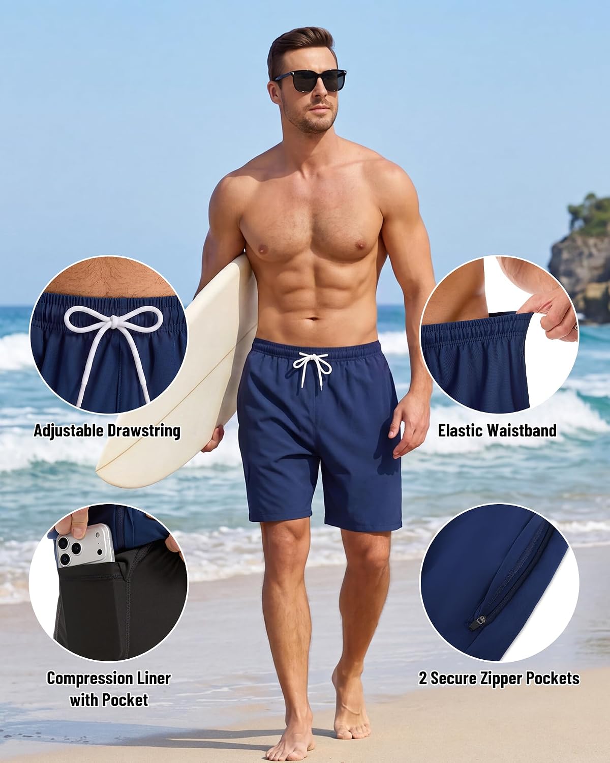 Detalle de YUTYTH Men's Swim Shorts with Compression Liner: 2-in-1 Board Shorts for Quick Dry Performance