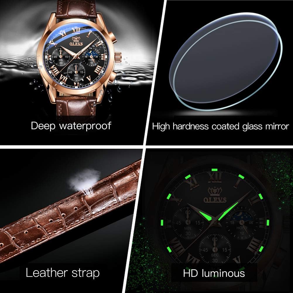 Detalle de OLEVS Men Moon Phase Leather Strap Analog Quartz Watch (3ATM) with Calendar, Luminous Hands