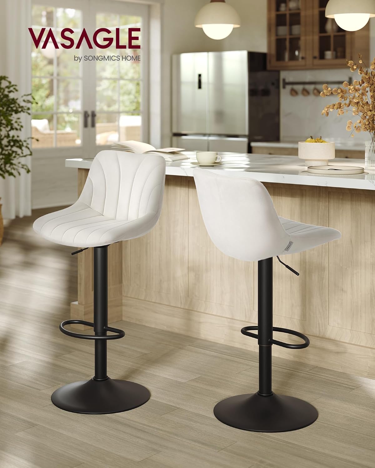 Thumbnail 2 de VASAGLE Tabourets de Bar avec Dossier – Hauteur Réglable, Rotation à 360°, Velours Blanc Crème (Lot de 2) LJB161WD01