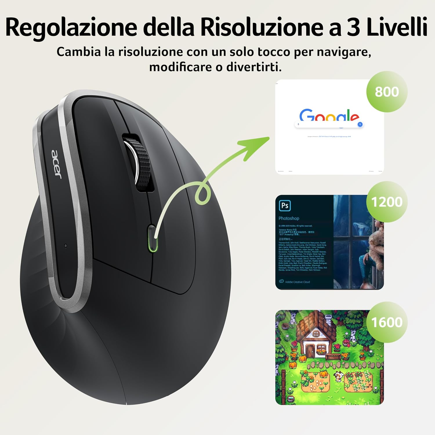 Detalle de Acer Mouse Wireless Ergonomico: Mouse verticale ricaricabile con 6 pulsanti e DPI regolabili