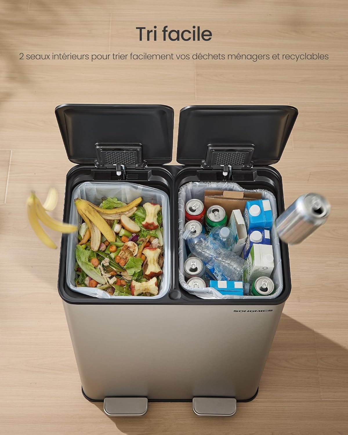 Thumbnail 4 de Songmics Poubelle de cuisine à pédale double compartiment 2 x 30 L (crème) LTB741AZ02