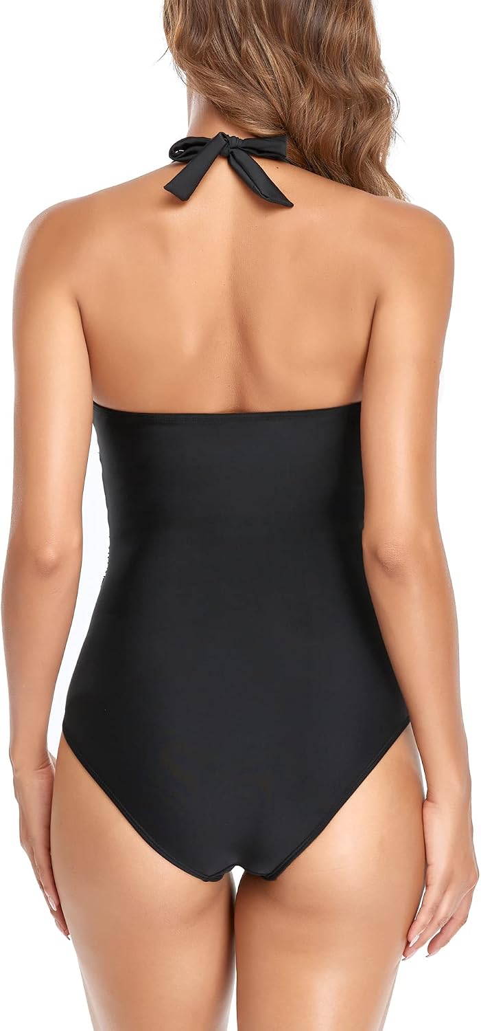 Detalle de FLYILY Maillot de Bain Femme – Contrôle du Ventre, Froncé, Décolleté en V, Maillot Une Pièce