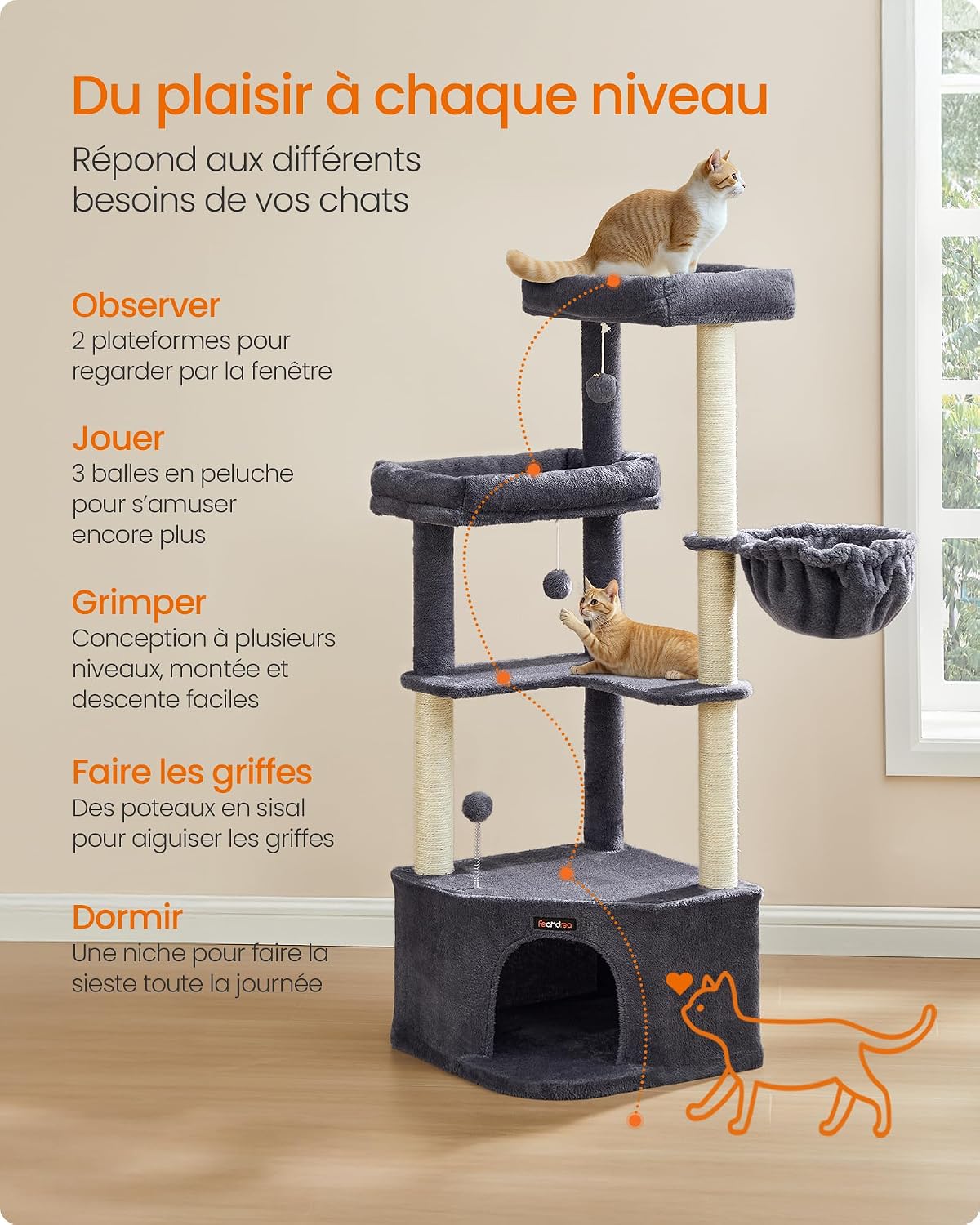 Detalle de Feandrea Arbre à Chat PCT009G02 – Tour de Jeux 140,7 cm pour grands chats et foyers multi-chat