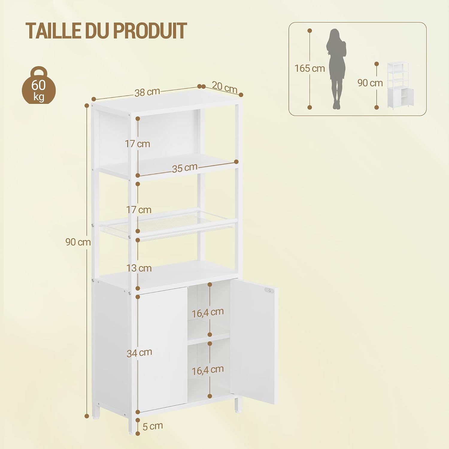 Thumbnail 2 de Hzuaneri meuble de salle de bain blanc avec 2 portes, étagère ouverte et plateau métallique aéré (20 x 38 x 90 cm) BC42903WV1