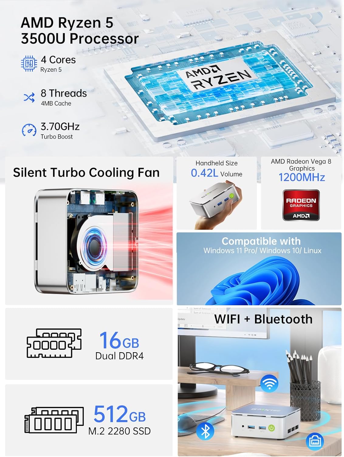 Thumbnail 1 de GMKtec NucBox G10 Ryzen 5 3500U Mini PC (16GB RAM, 512GB SSD) with Triple 4K Output, 2.5GbE LAN, WiFi/BT