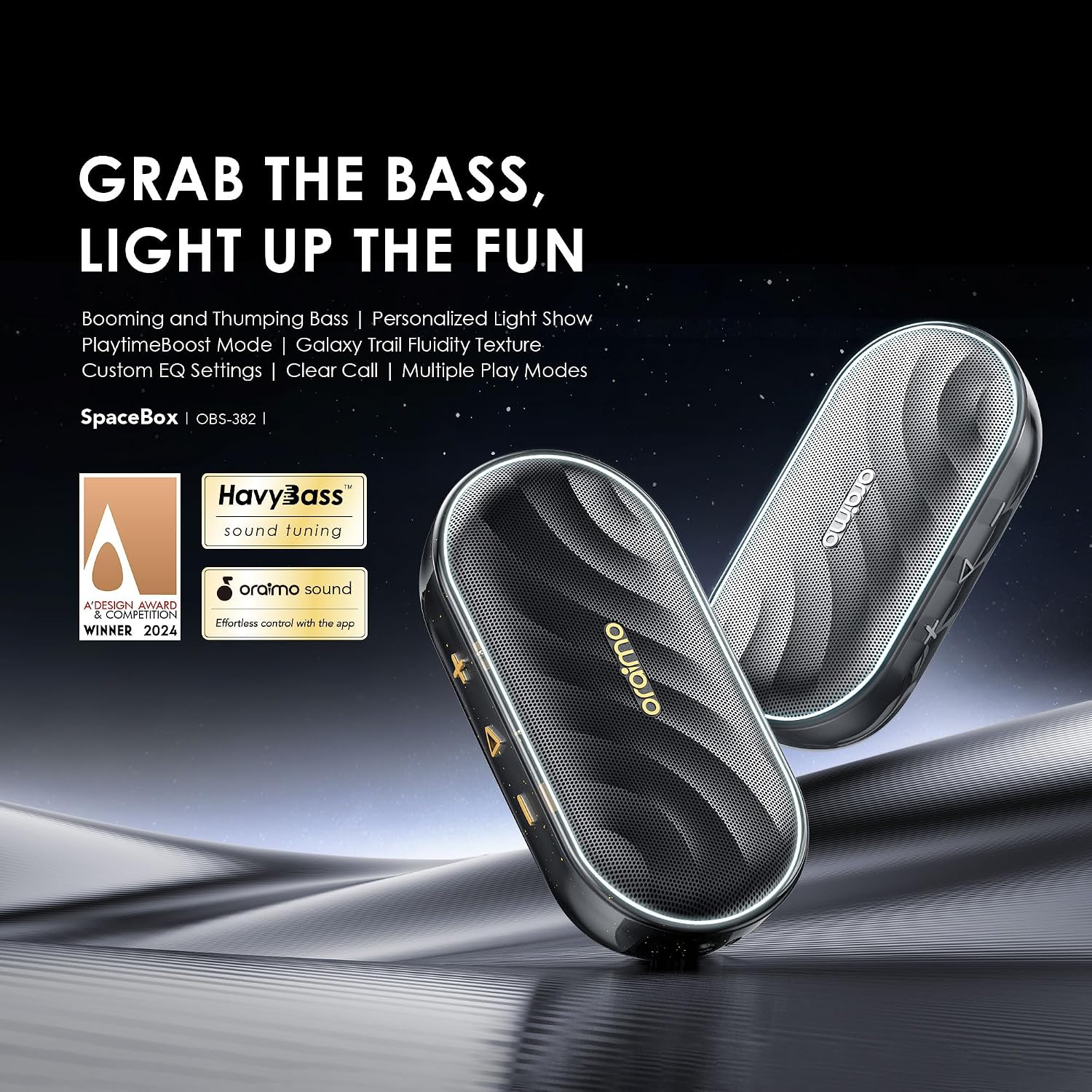 Detalle 2 de Oraimo SpaceBox Bluetooth Speaker — Waterproof Portable with LED Lights, 30-Hour Playtime, USB‑C Rechargeable