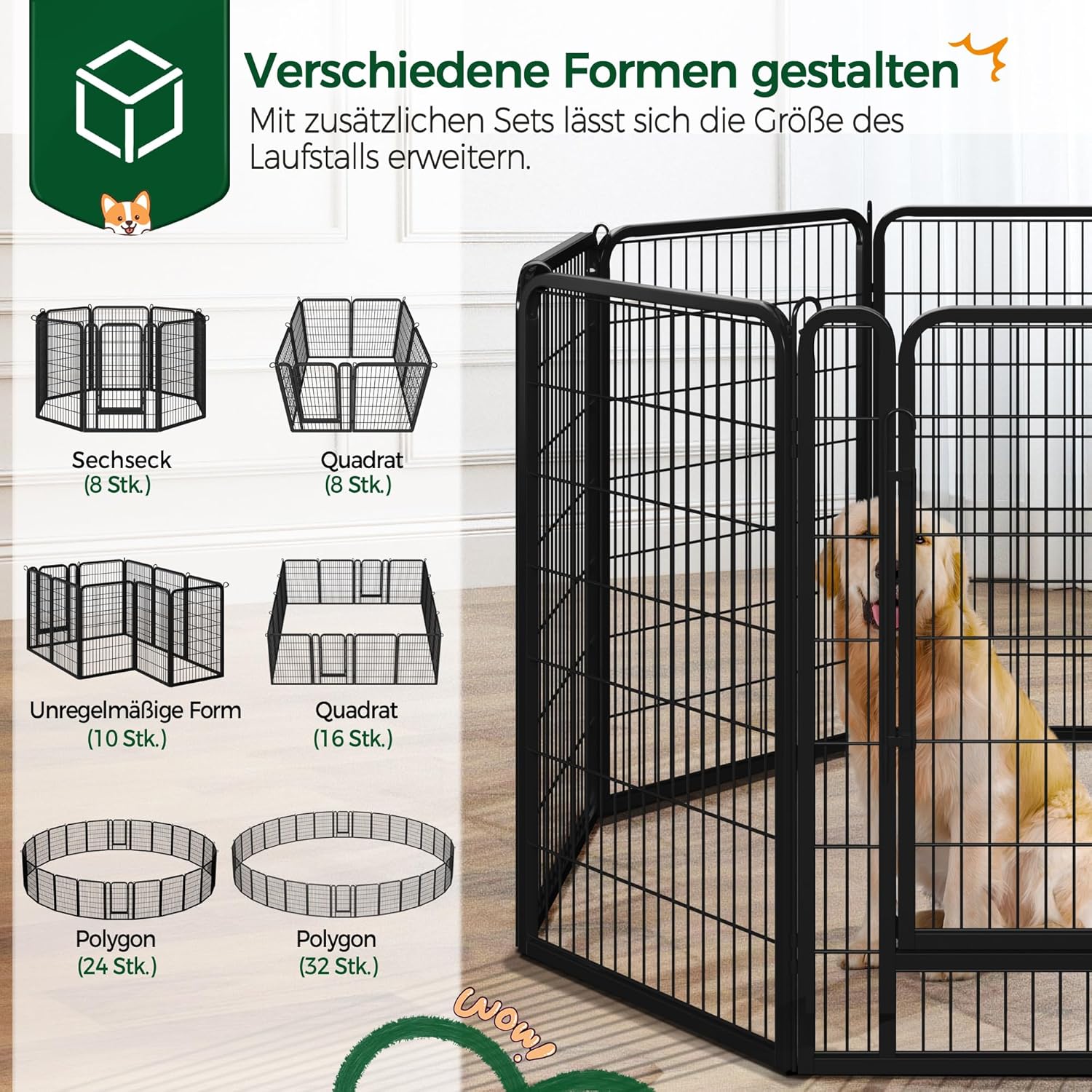 Thumbnail 4 de Yaheetech Welpenauslauf 16-teilig, 100 cm Hoch – faltbarer Welpenstall mit 2 Türen