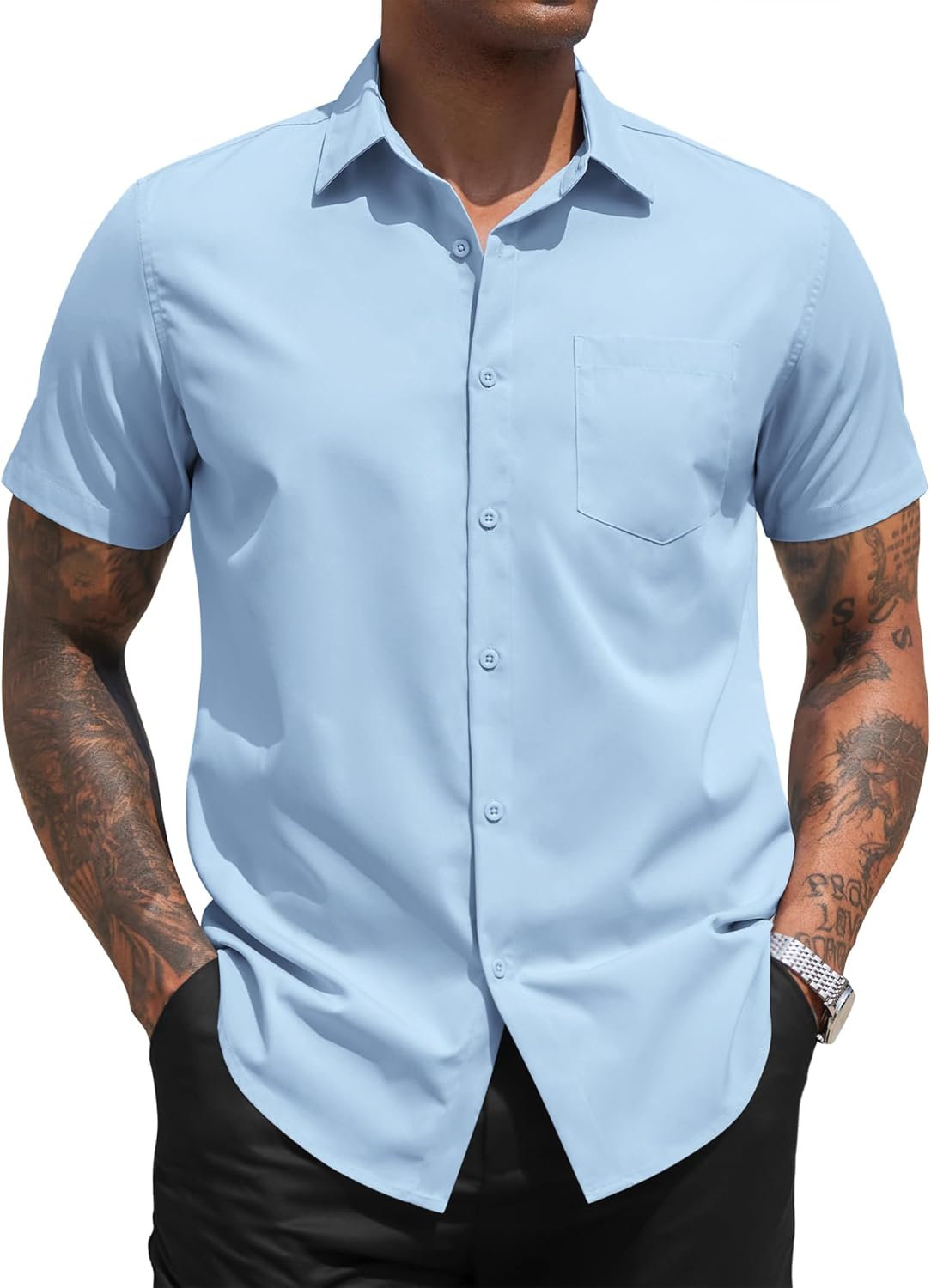 Thumbnail 4 de COOFANDY chemise homme manches courtes d’été, couleur unie avec poche (coupe régulière)