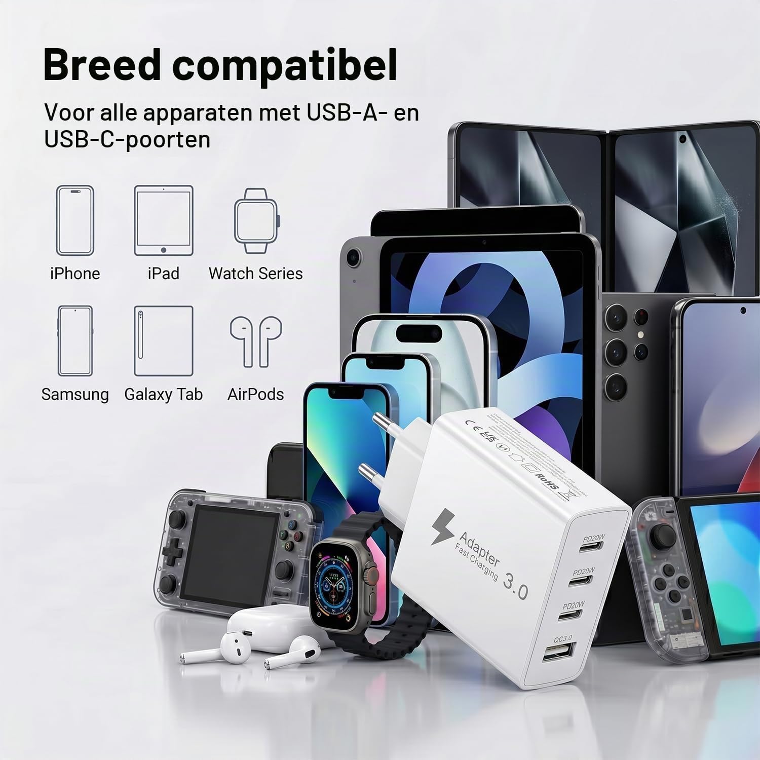 Thumbnail 6 de Poukey 50W 4-poorts USB-C-lader met 3 USB-C-poorten en kabel van 2 m