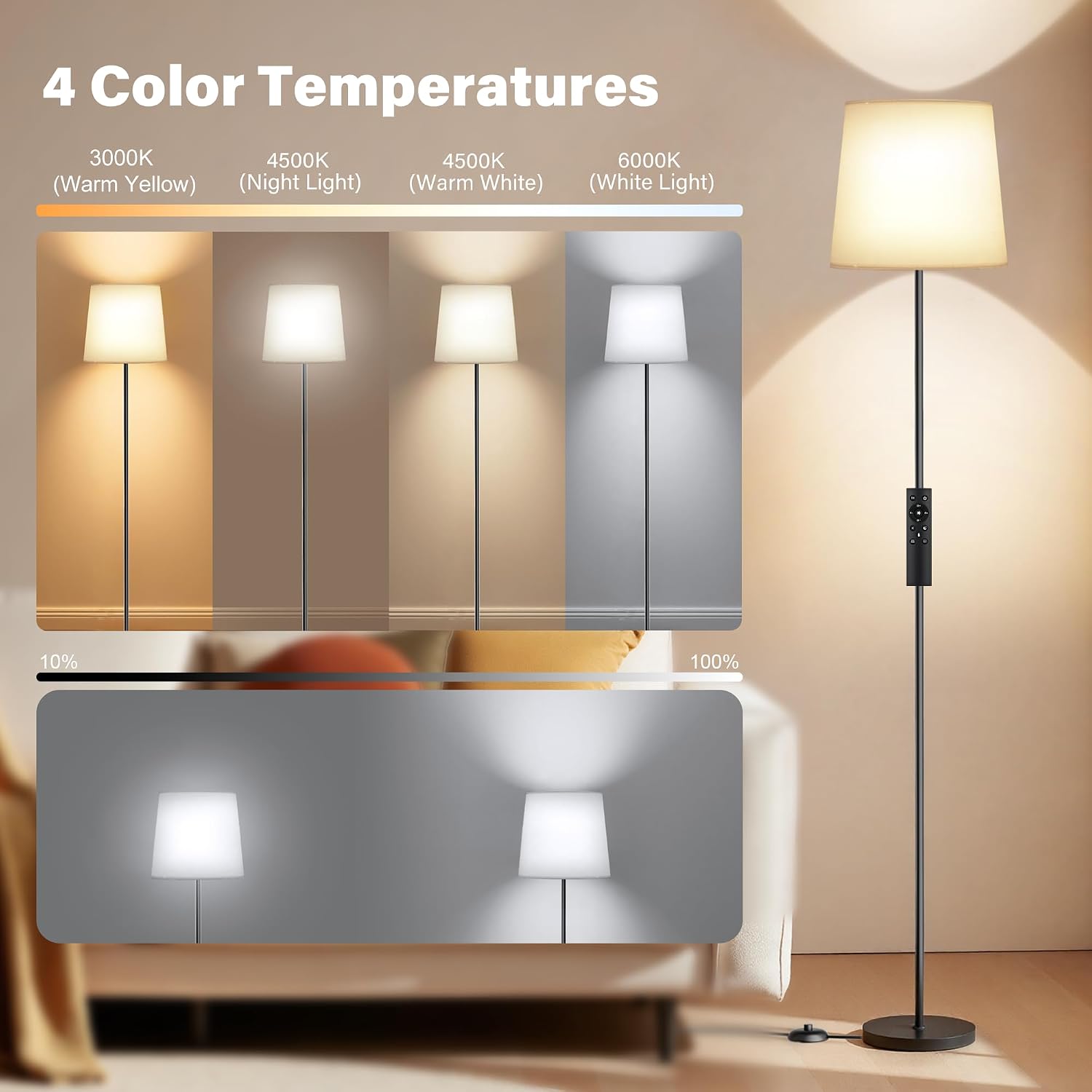Thumbnail 2 de SIBRILLE Lampada da Terra per Salotto con telecomando e interruttore a pedale, 9W E27 3000K–6000K, paralume in lino